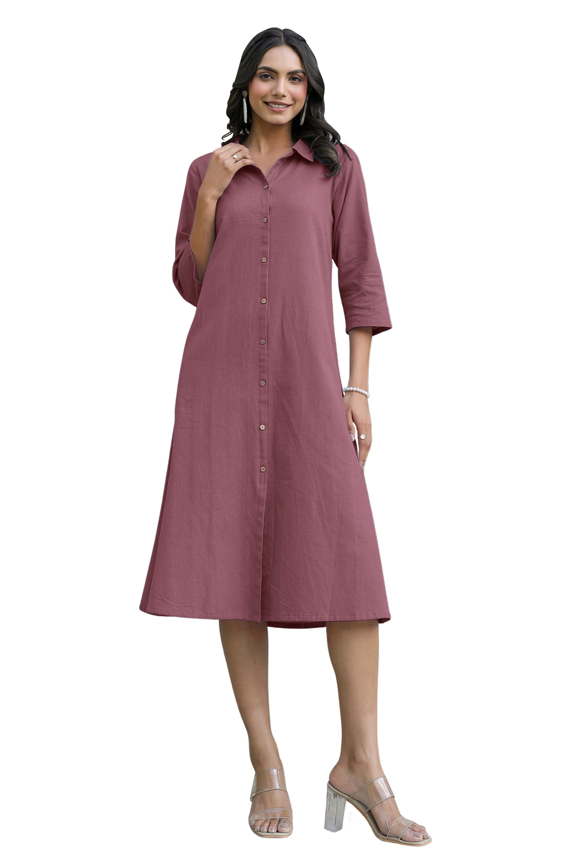 Janasya Dark Cotton Solid A-Line Dress | Swadesiicart