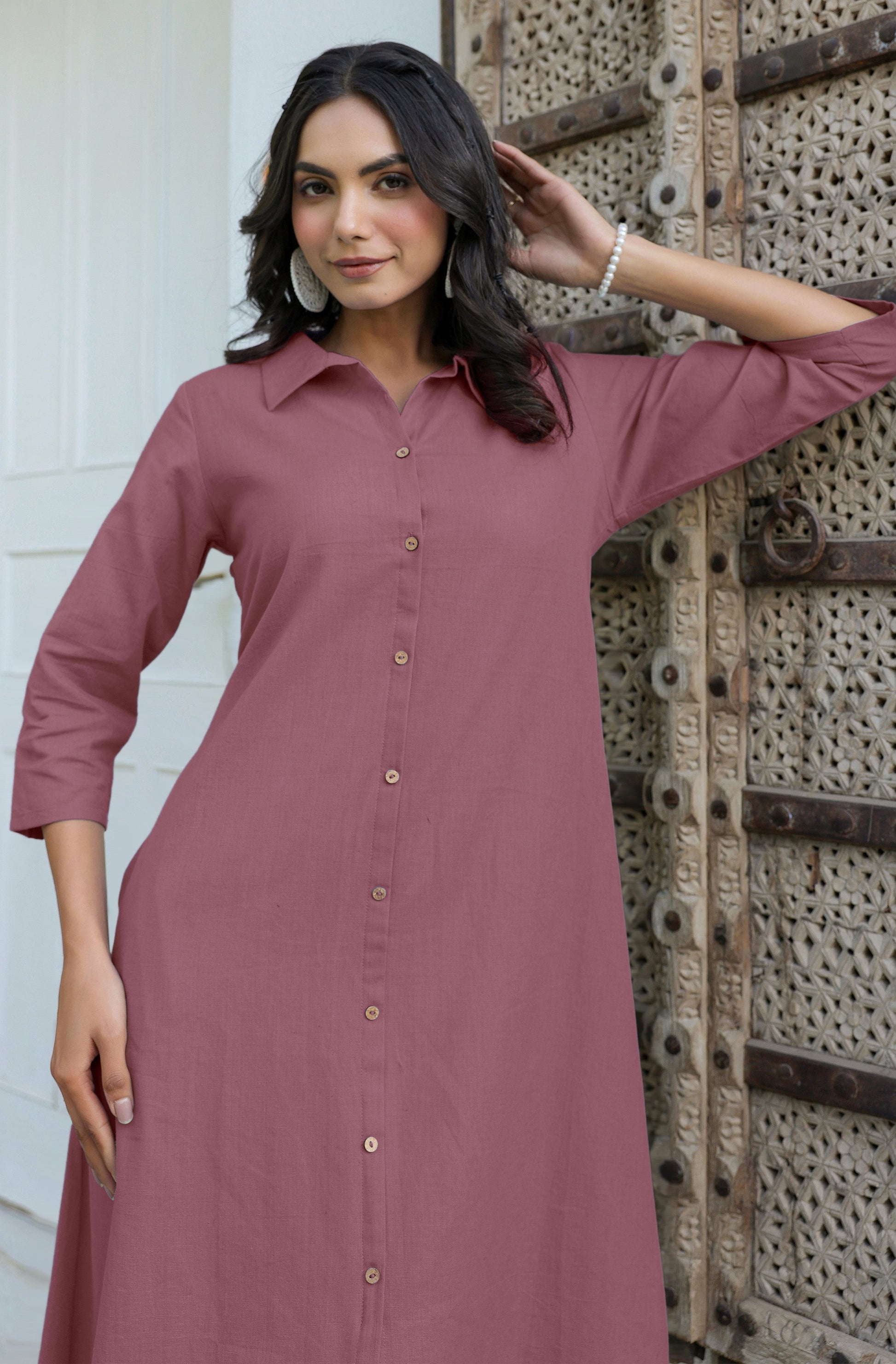 Janasya Dark Cotton Solid A-Line Dress | Swadesiicart