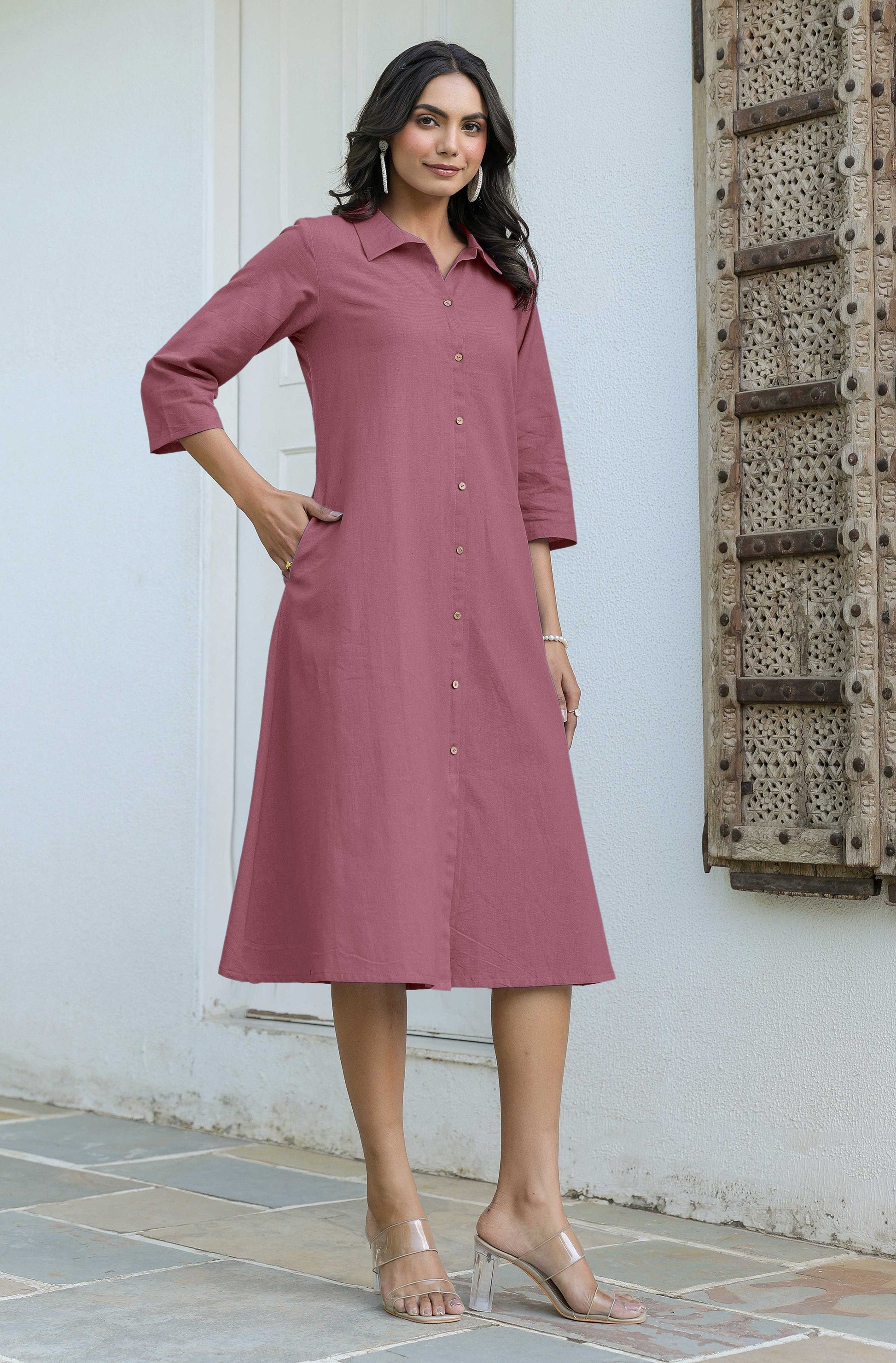 Janasya Dark Cotton Solid A-Line Dress | Swadesiicart