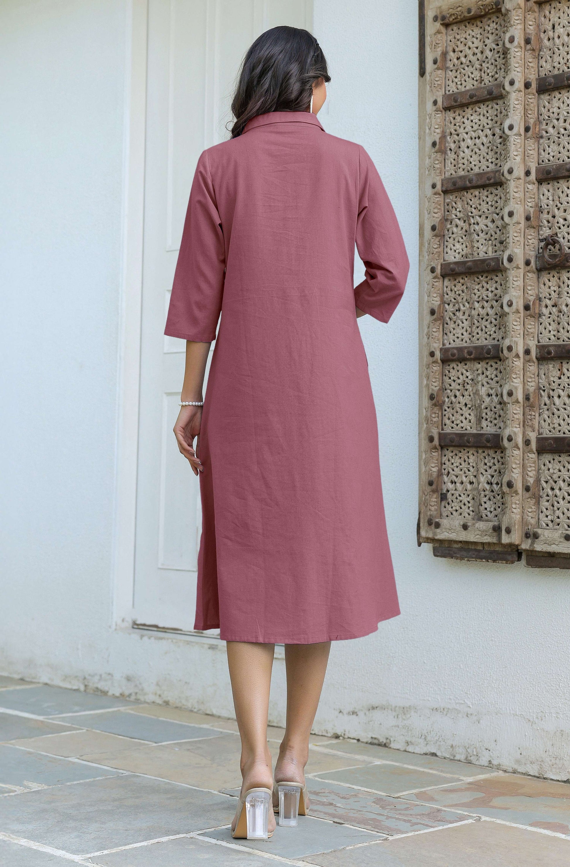 Janasya Dark Cotton Solid A-Line Dress | Swadesiicart