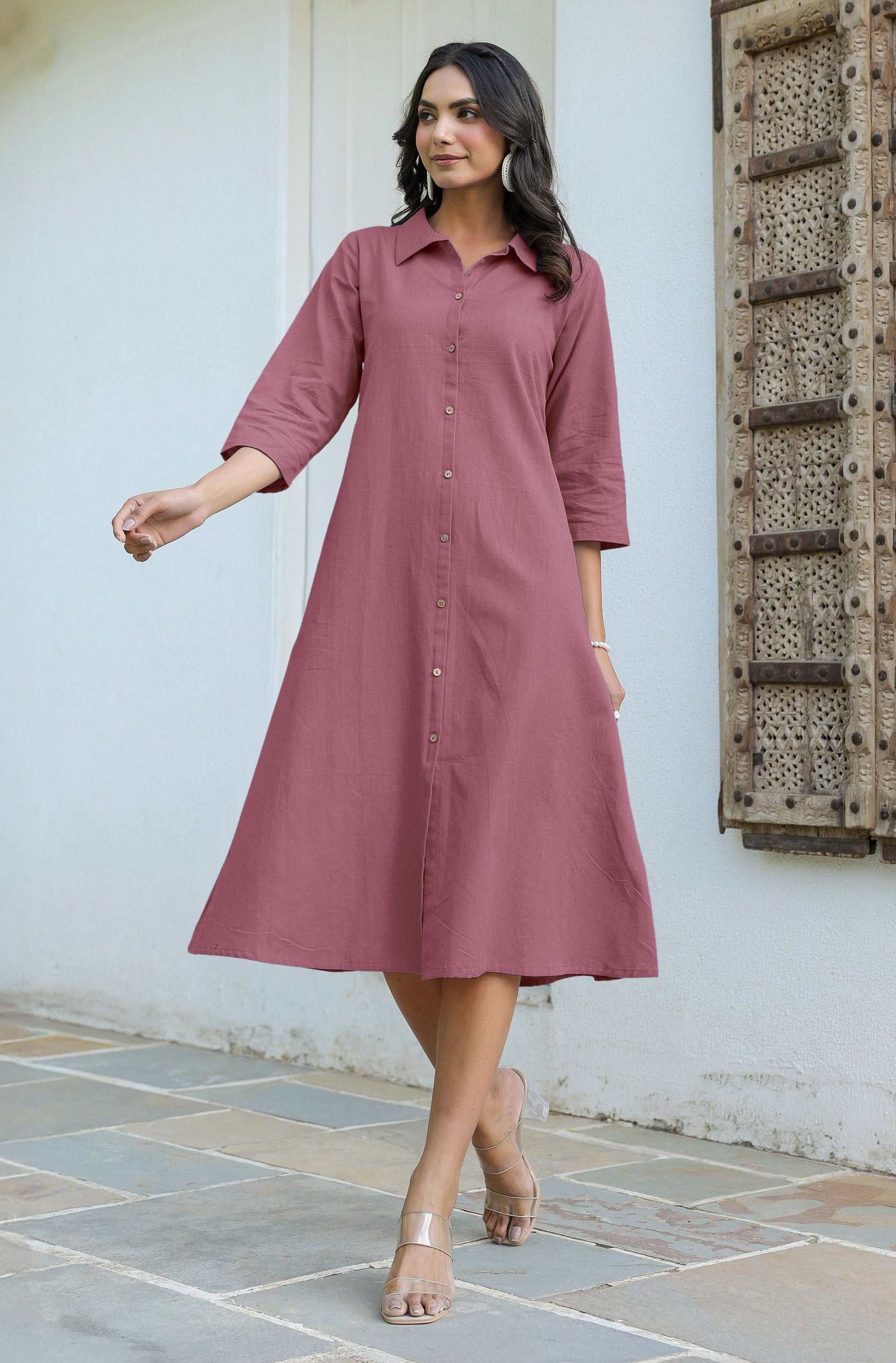 Janasya Dark Cotton Solid A-Line Dress | Swadesiicart