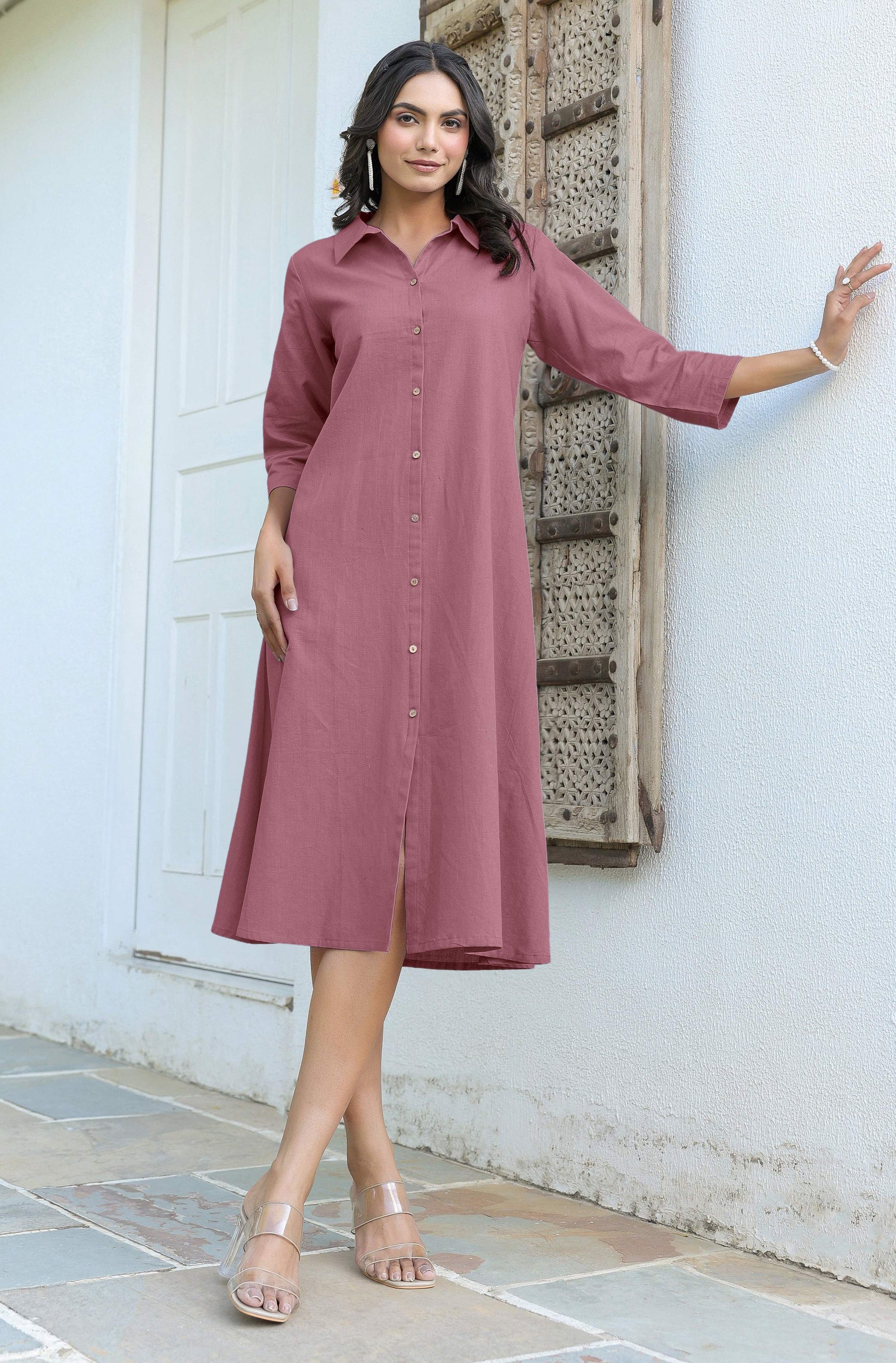 Janasya Dark Cotton Solid A-Line Dress | Swadesiicart