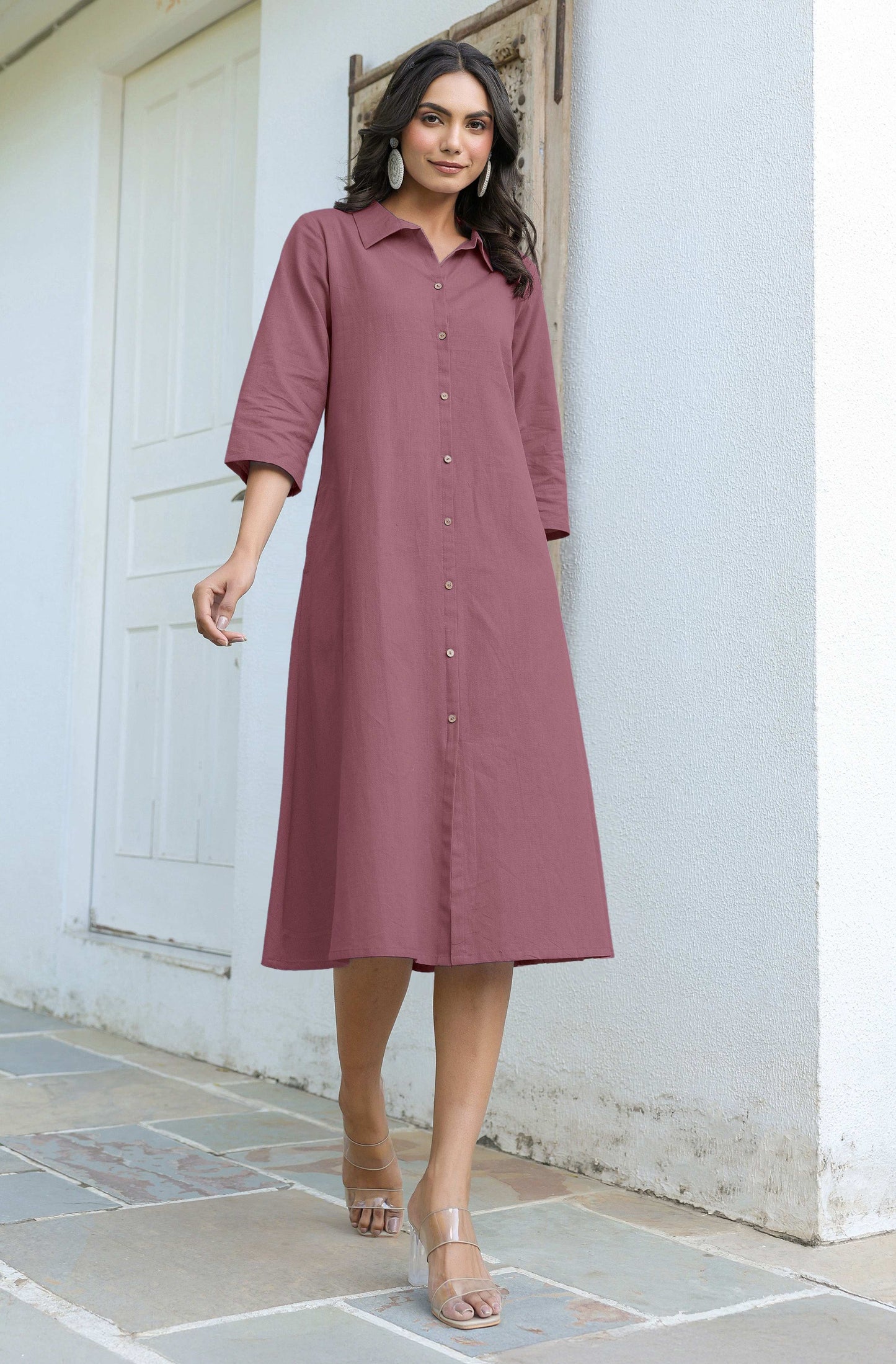 Janasya Dark Cotton Solid A-Line Dress | Swadesiicart