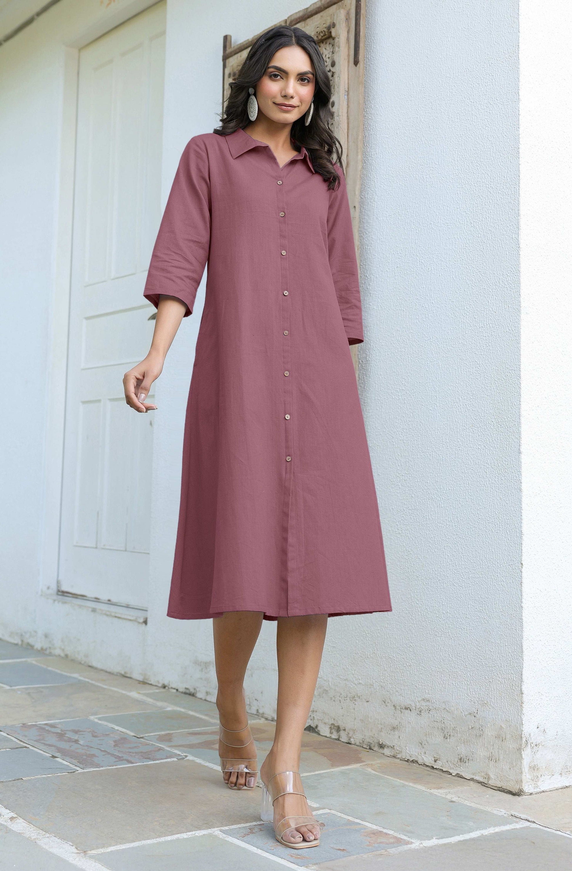 Janasya Dark Cotton Solid A-Line Dress | Swadesiicart