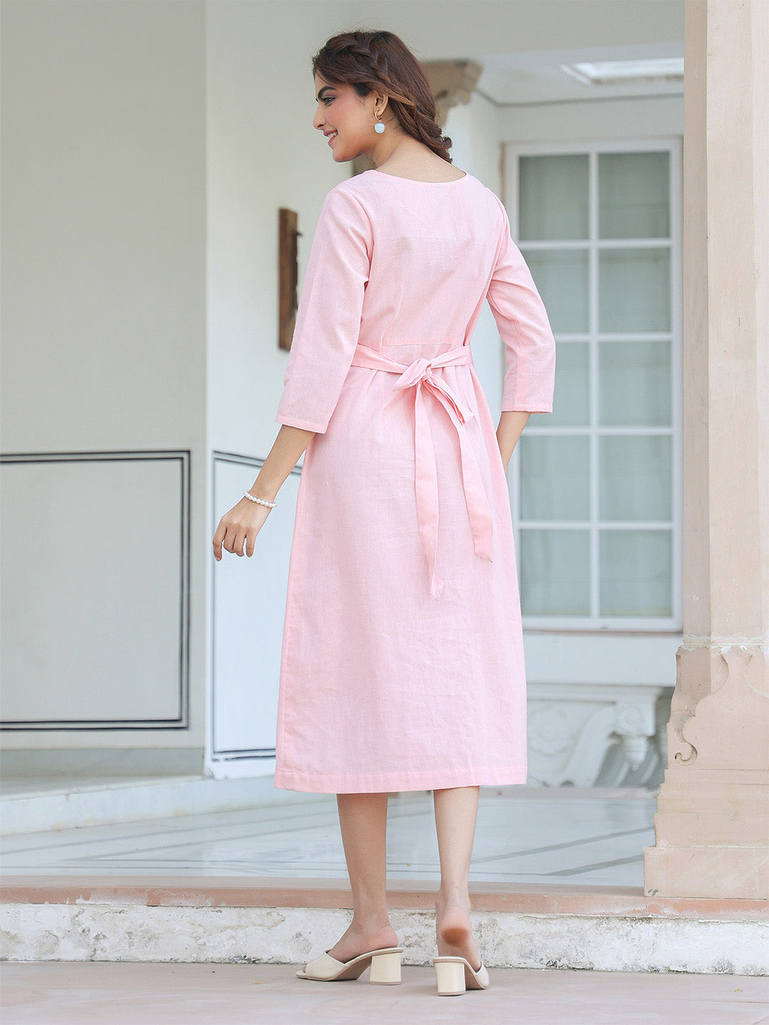 Janasya Light Cotton Solid A-Line Dress | Swadesiicart