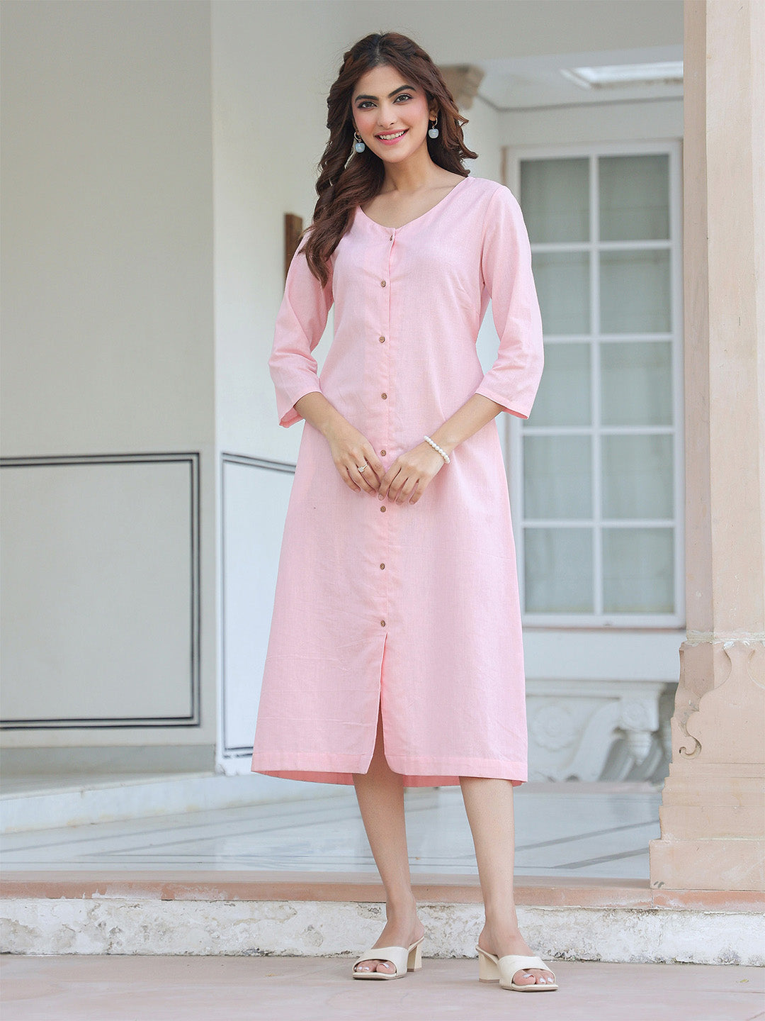 Janasya Light Cotton Solid A-Line Dress | Swadesiicart