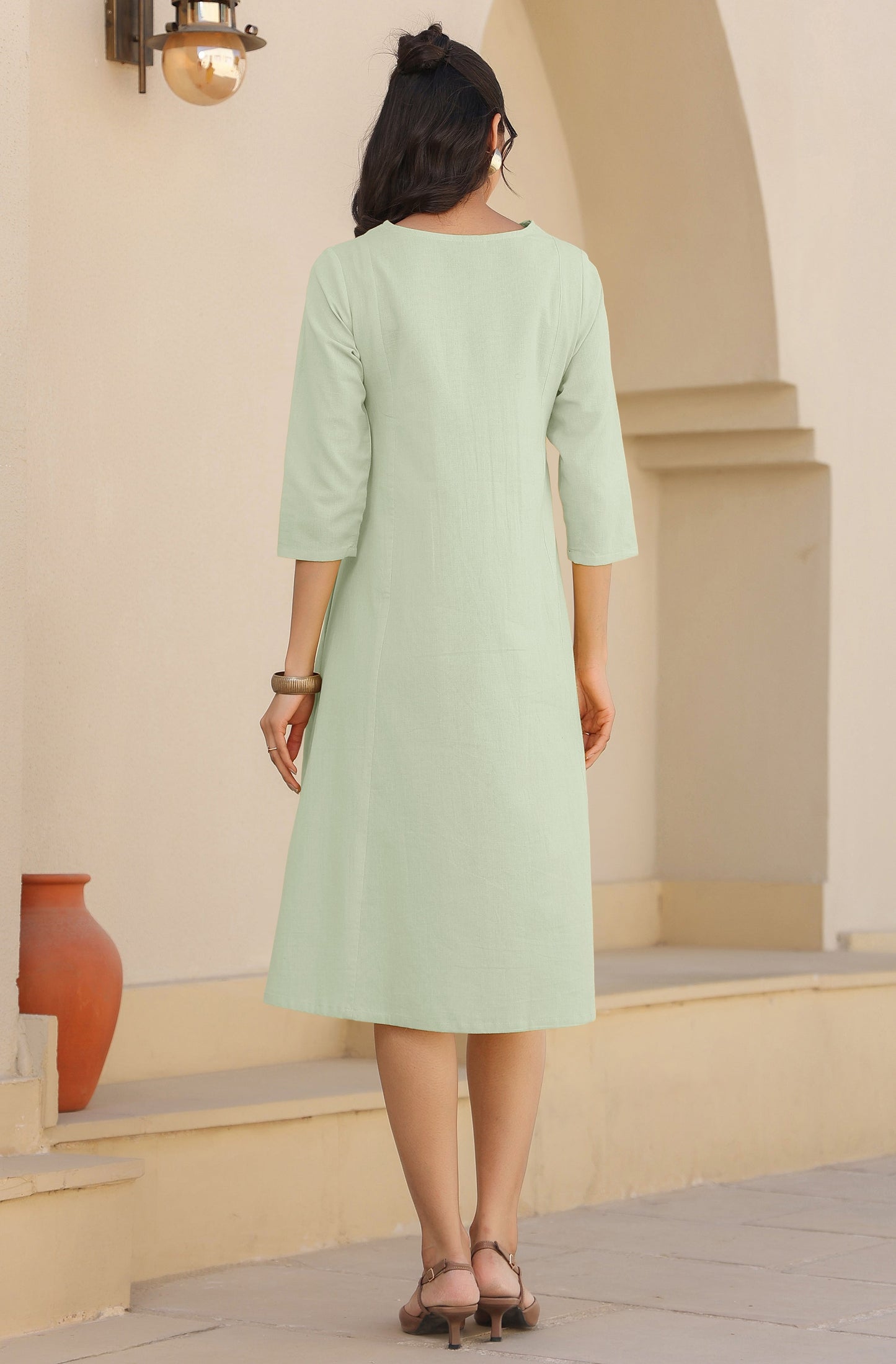 Janasya Light Cotton Solid A-Line Dress | Swadesiicart