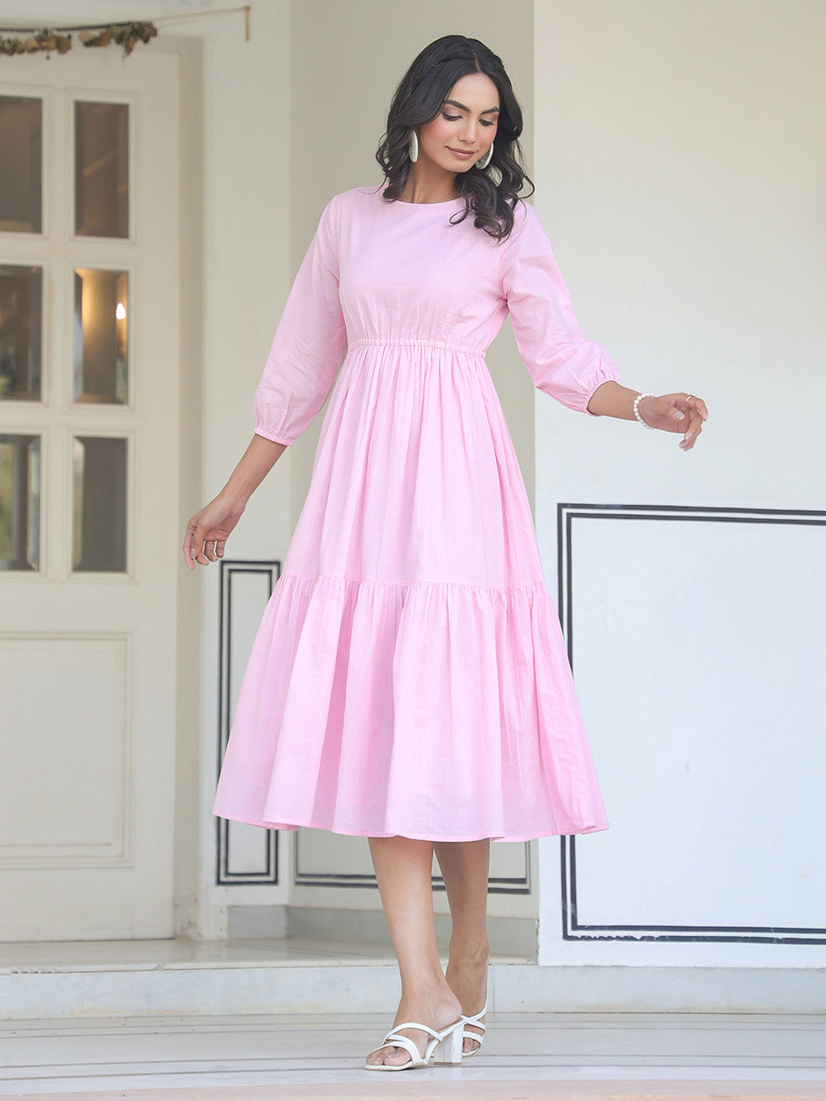 Janasya Light Cotton Solid Tiered Dress | Swadesiicart