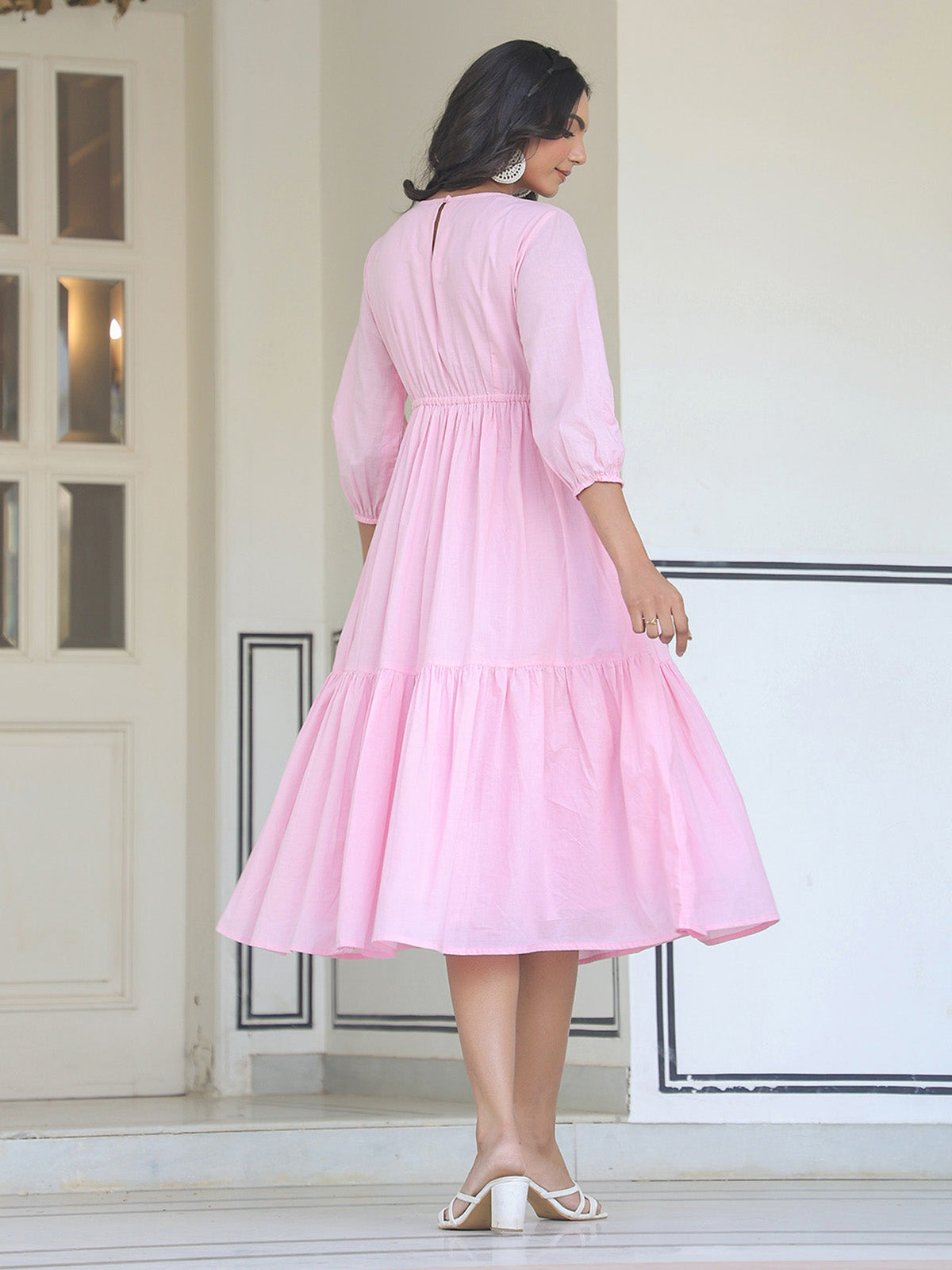 Janasya Light Cotton Solid Tiered Dress | Swadesiicart