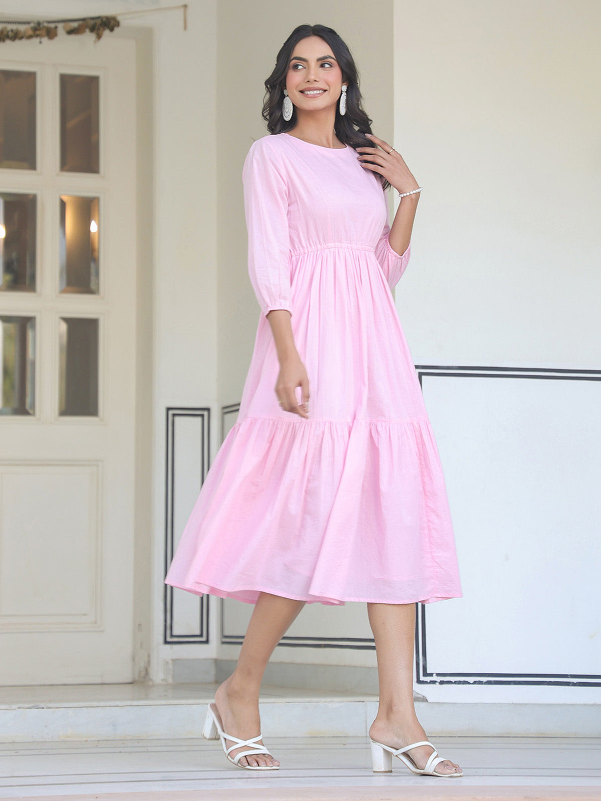 Janasya Light Cotton Solid Tiered Dress | Swadesiicart