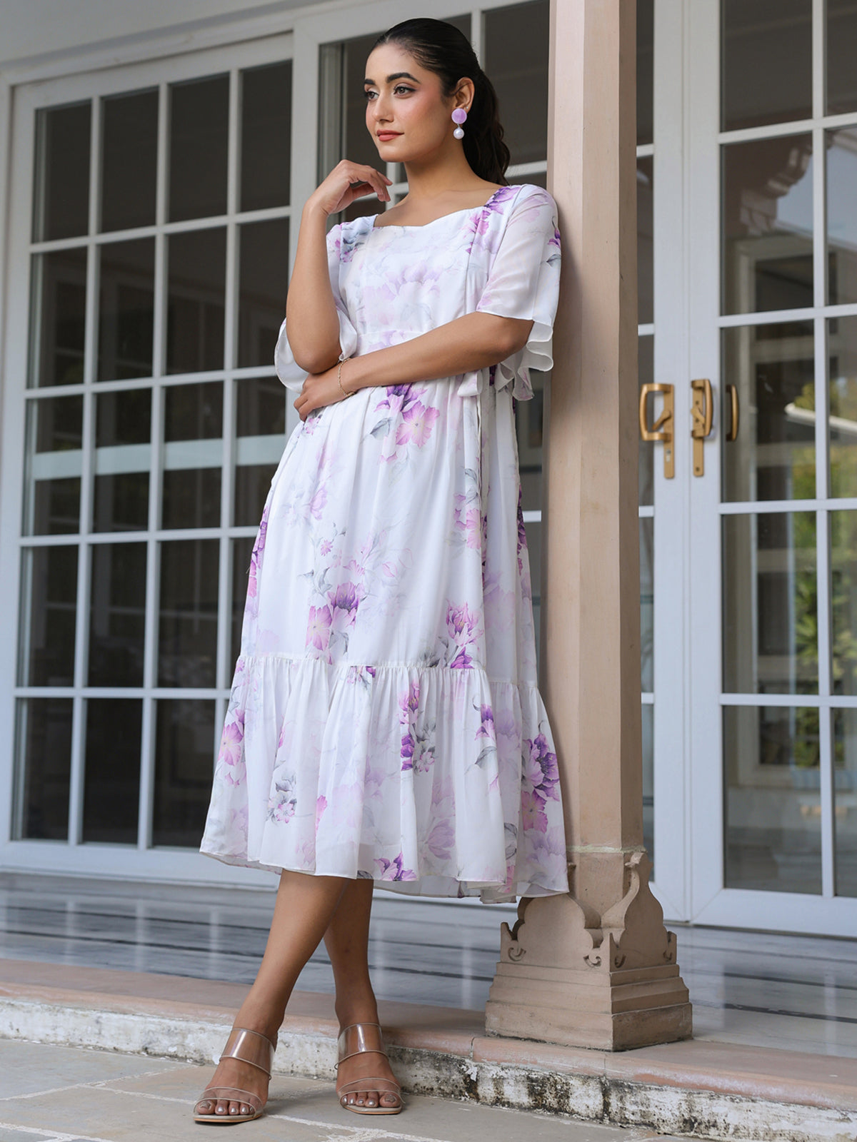 Janasya Light Georgette Floral Fit & Flare Dress | Swadesiicart