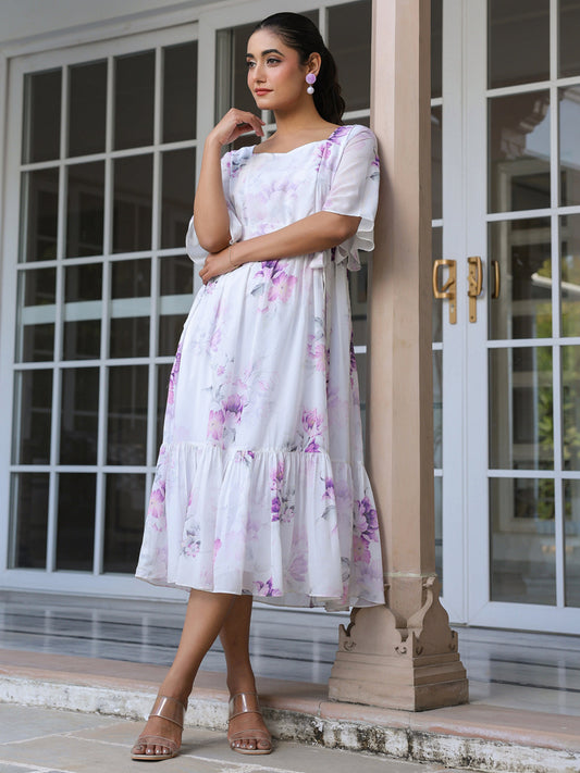 Janasya Light Georgette Floral Fit & Flare Dress | Swadesiicart
