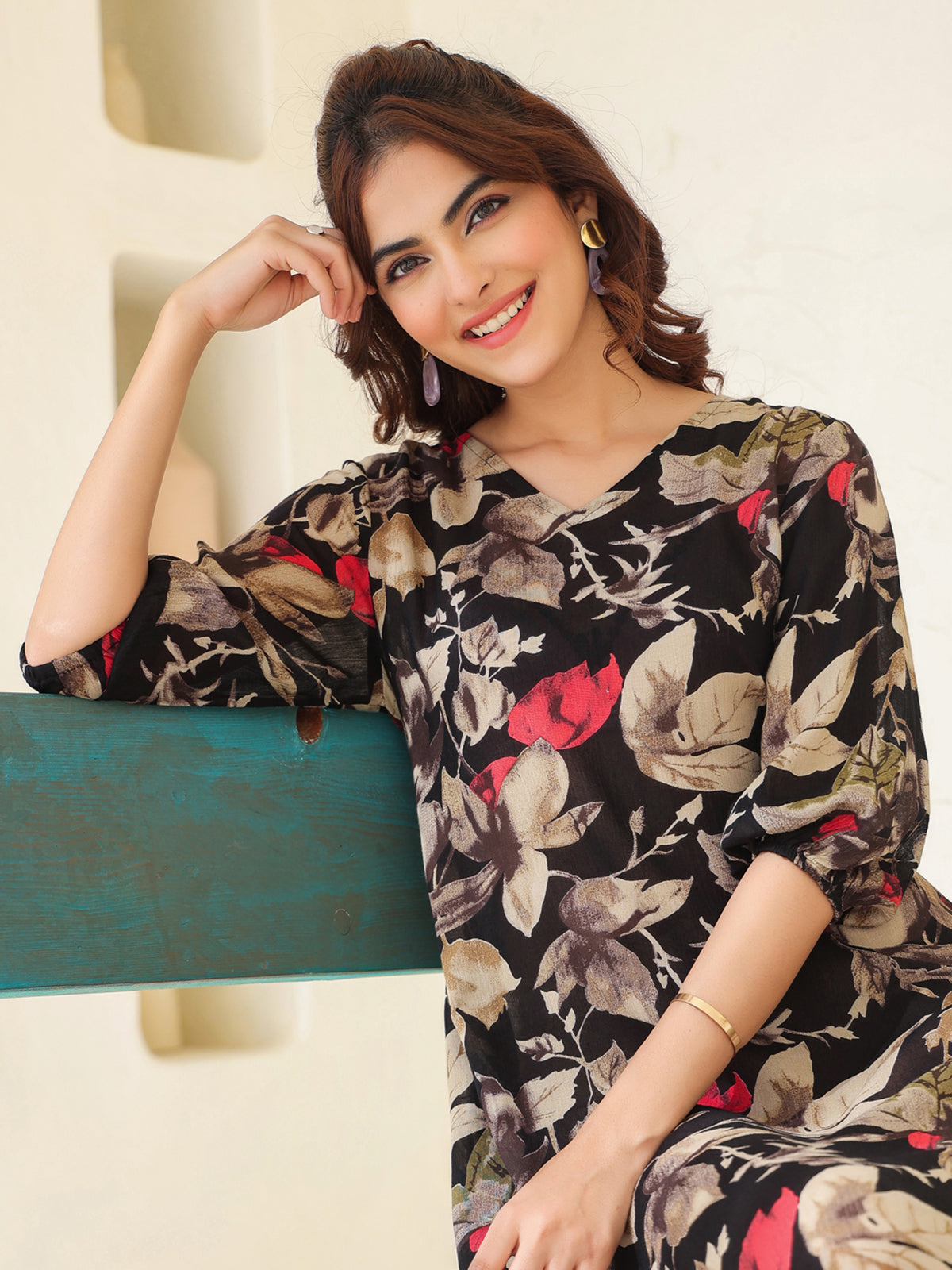 Janasya Dark Rayon Floral A-Line Dress | Swadesiicart