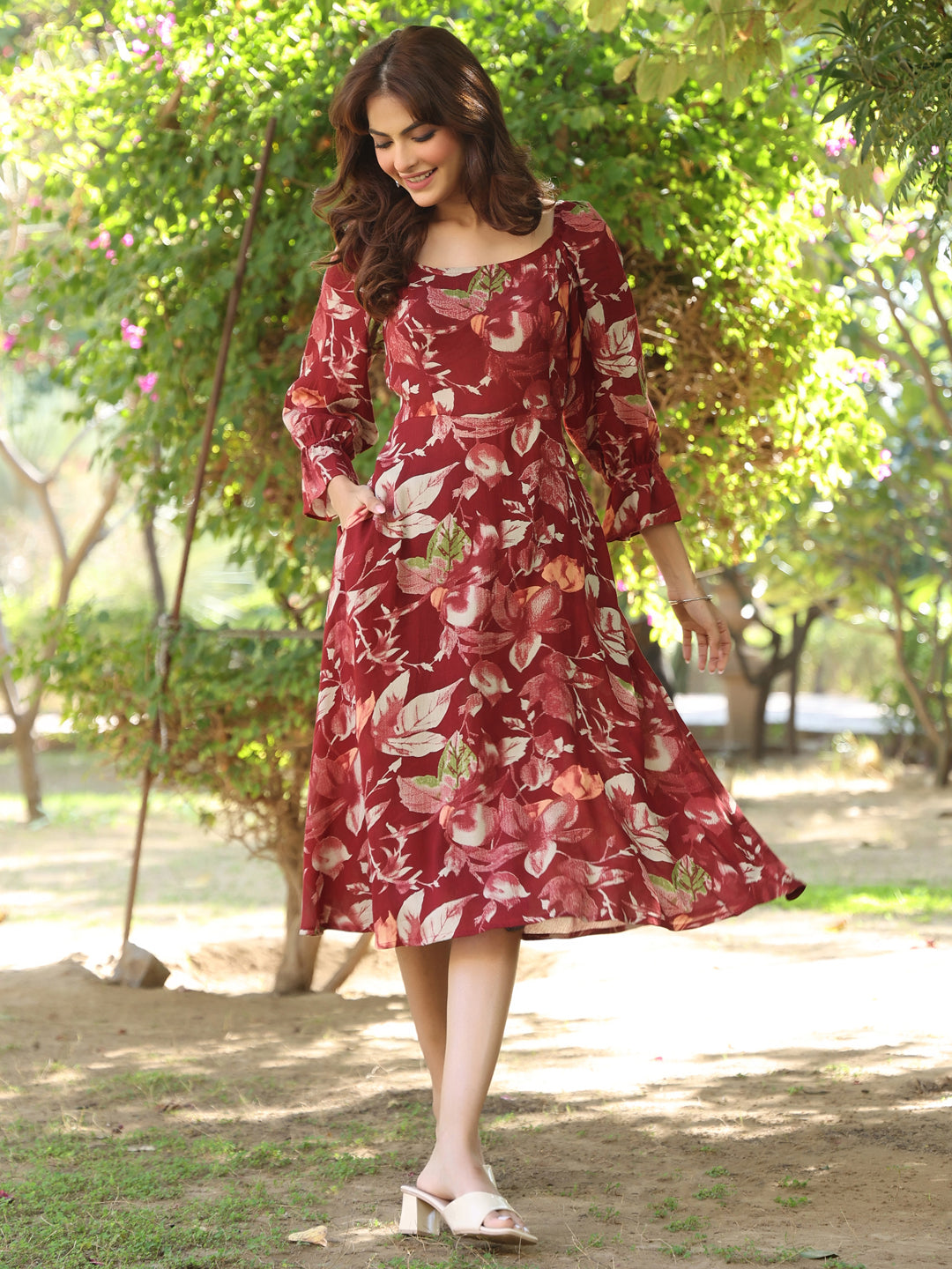 Janasya Dark Rayon Floral A-Line Dress | Swadesiicart