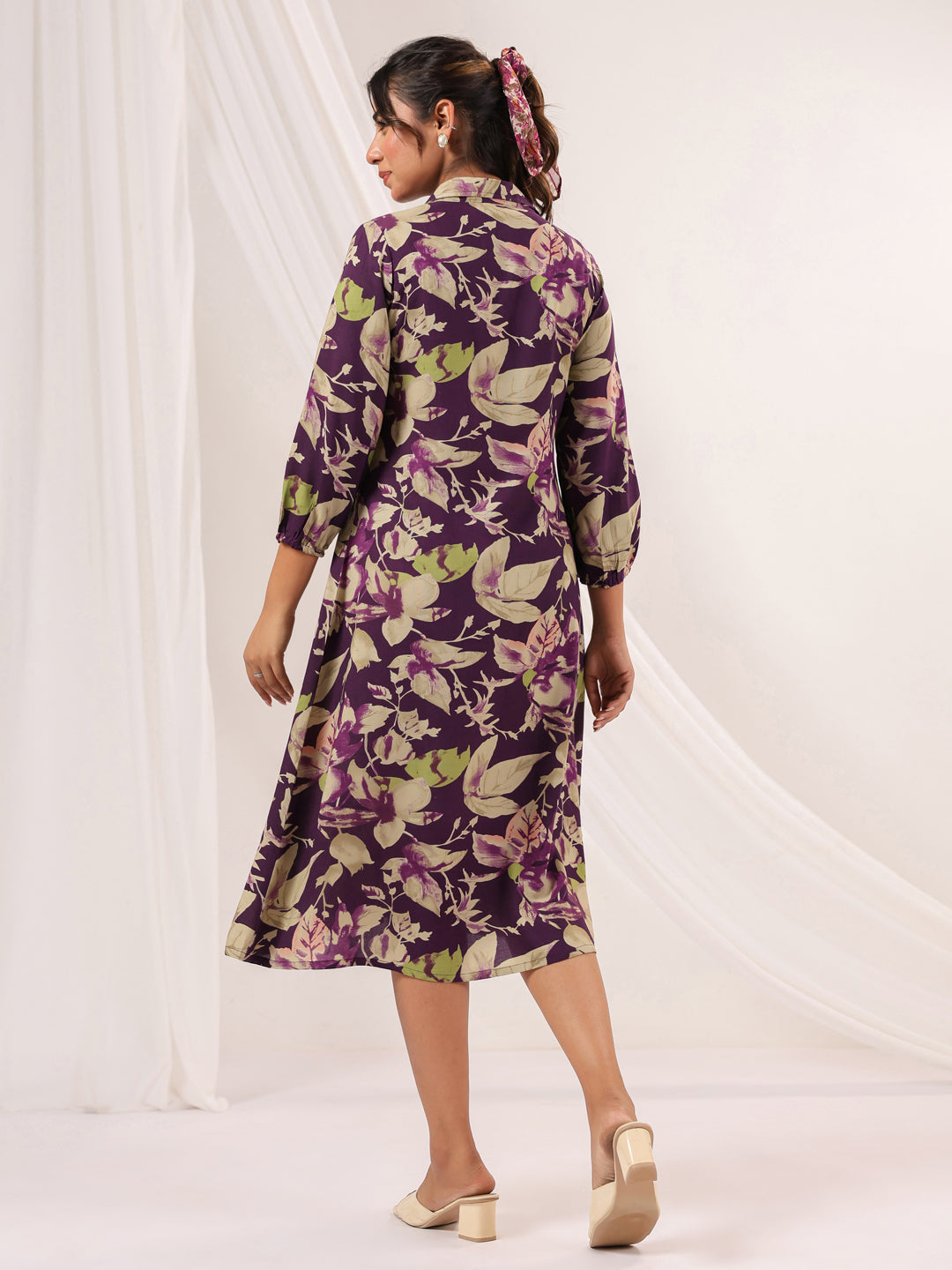 Janasya Dark Cotton Floral A-Line Dress | Swadesiicart