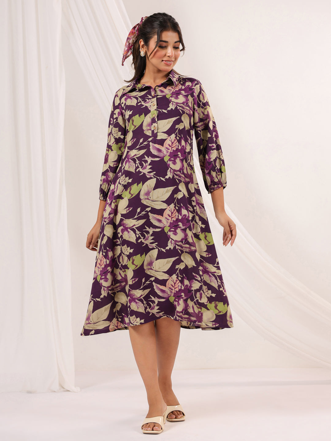 Janasya Dark Cotton Floral A-Line Dress | Swadesiicart