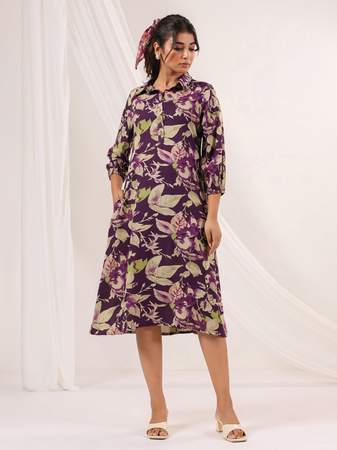 Janasya Dark Cotton Floral A-Line Dress | Swadesiicart