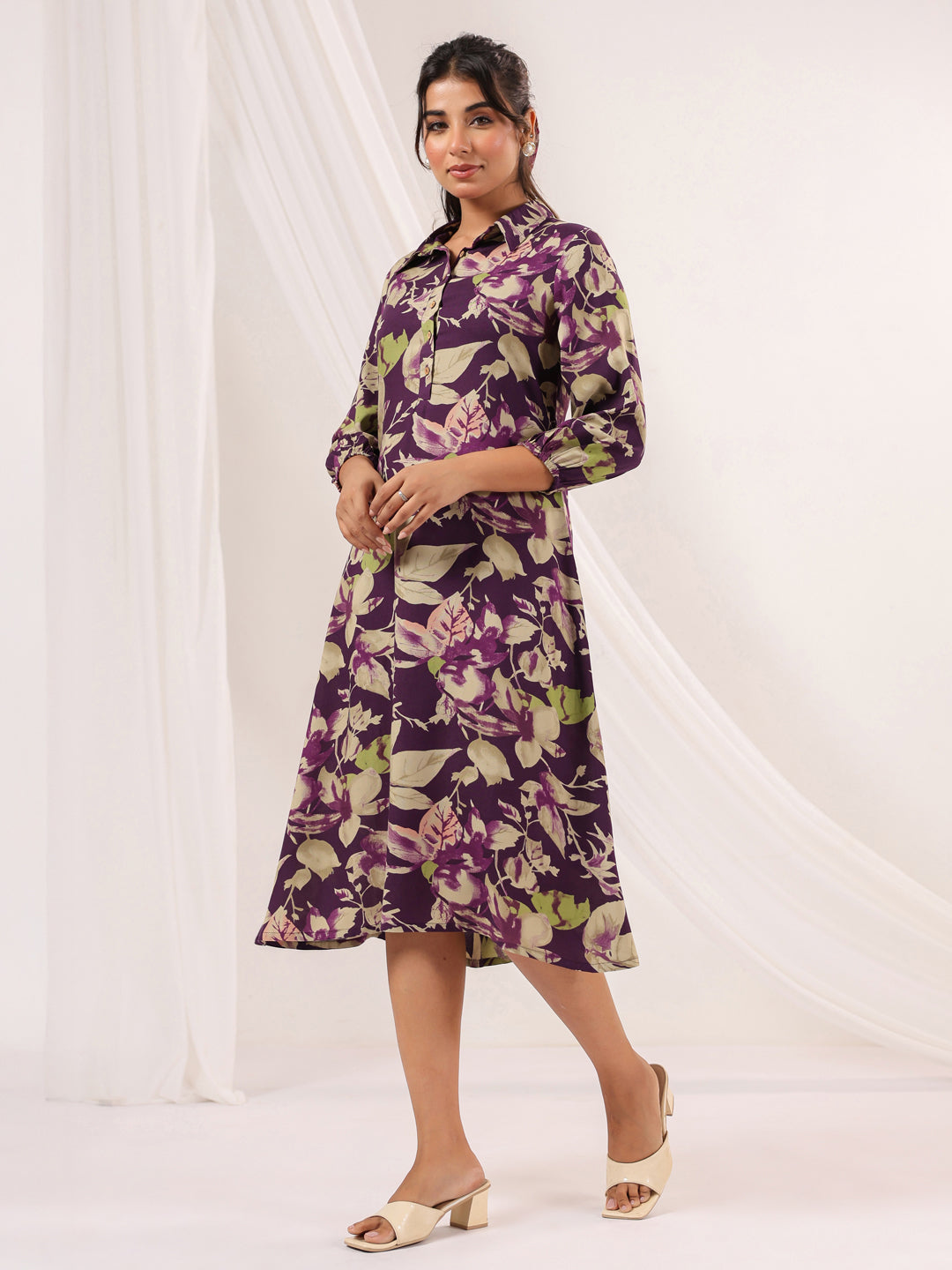 Janasya Dark Cotton Floral A-Line Dress | Swadesiicart