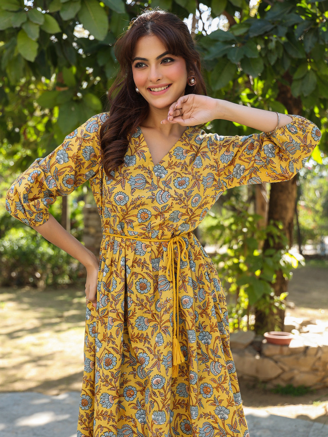 Janasya Bright Cotton Floral A-Line Dress | Swadesiicart
