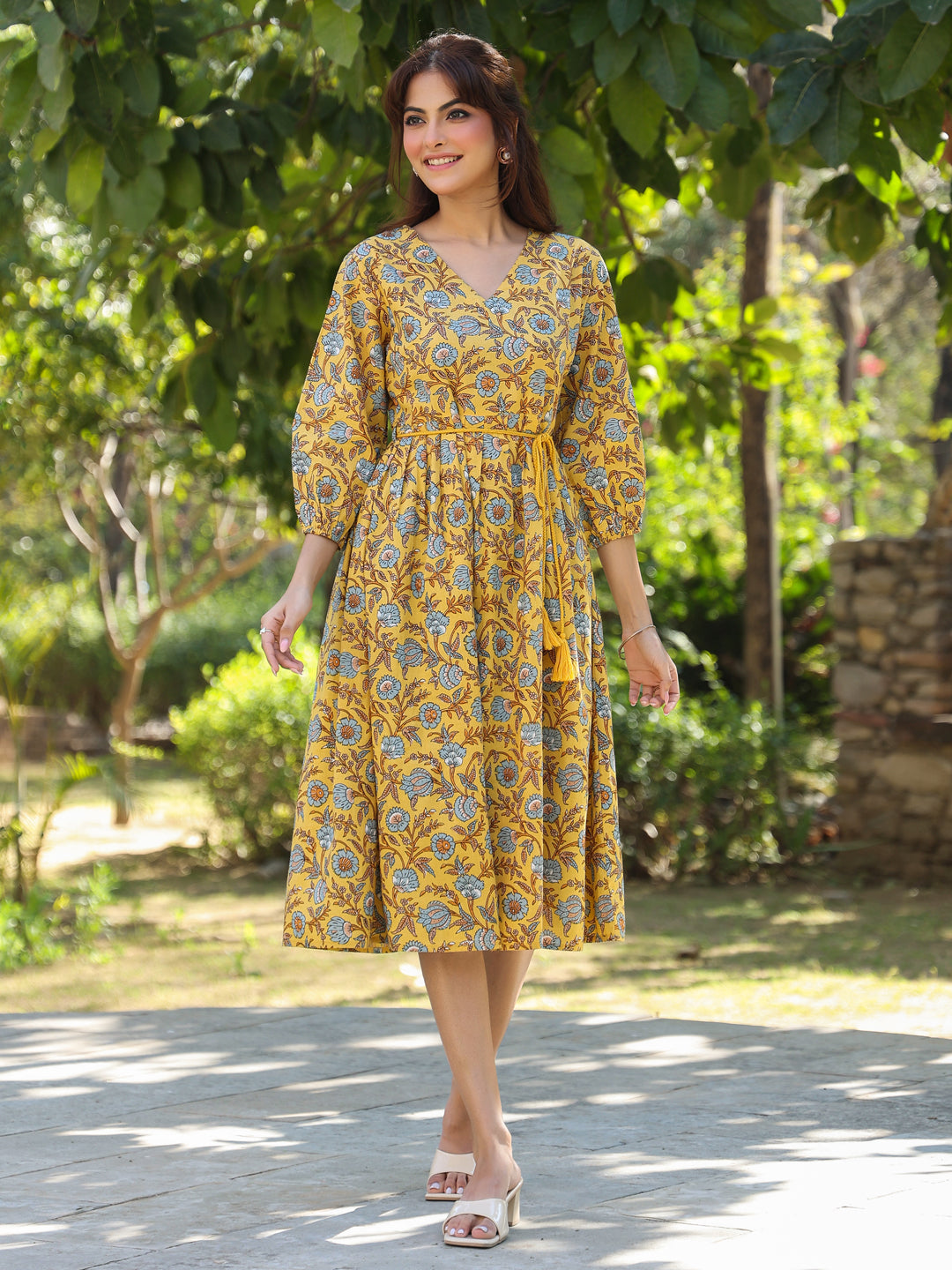 Janasya Bright Cotton Floral A-Line Dress | Swadesiicart