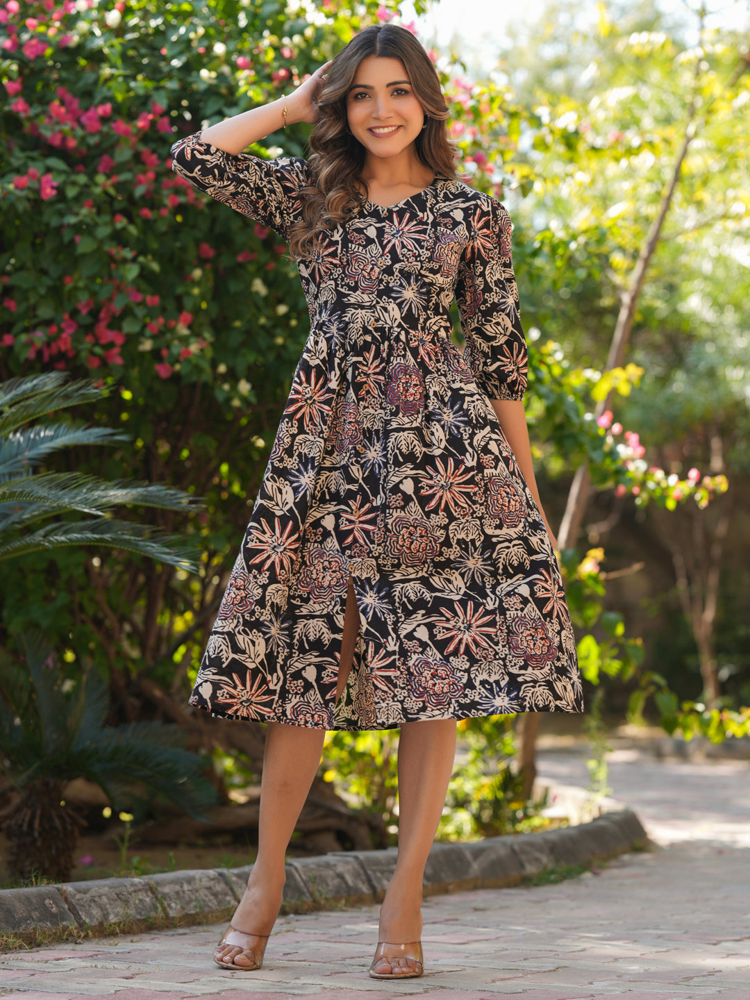 Janasya Dark Cotton Floral A-Line Dress | Swadesiicart