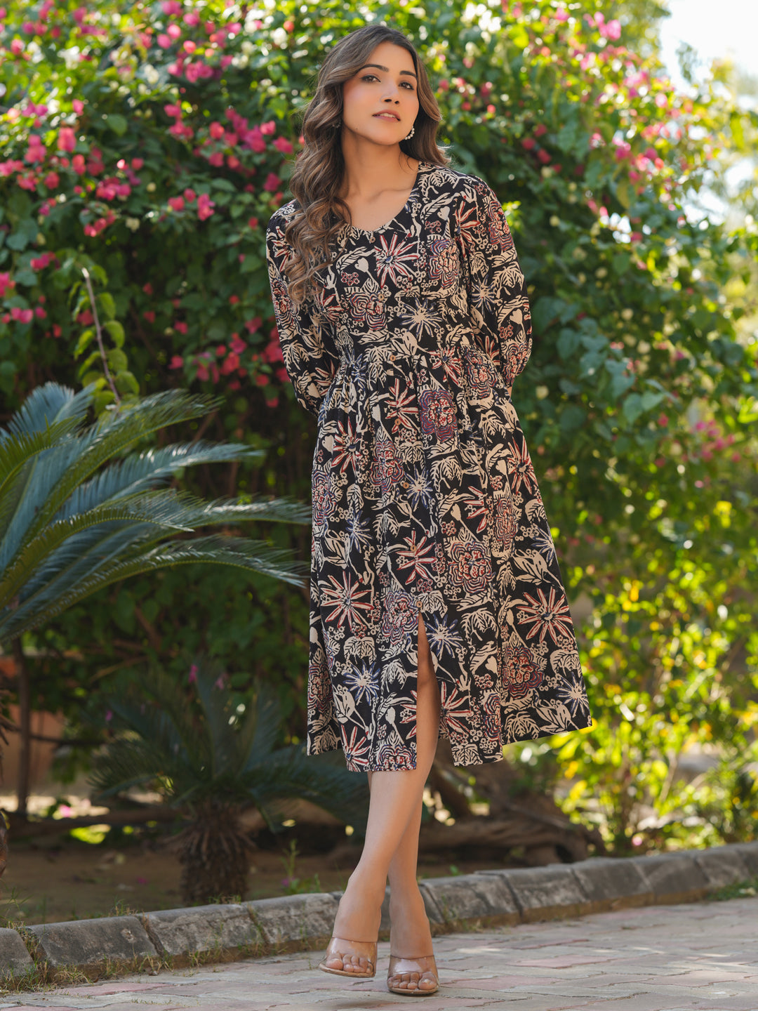 Janasya Dark Cotton Floral A-Line Dress | Swadesiicart