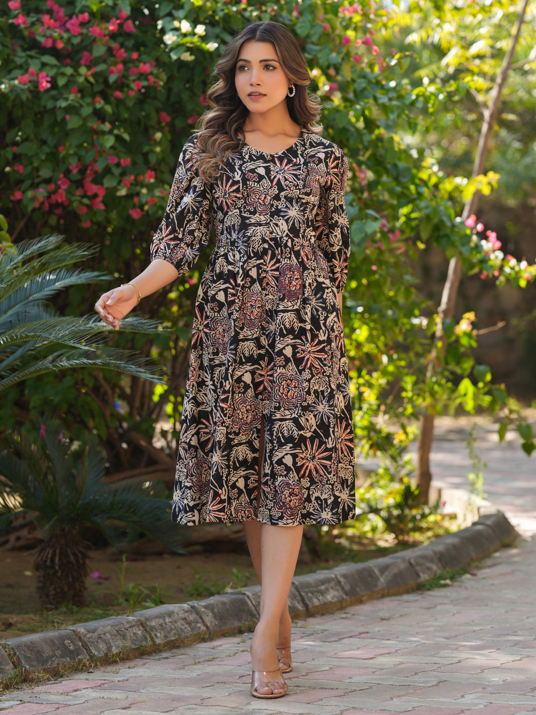 Janasya Dark Cotton Floral A-Line Dress | Swadesiicart