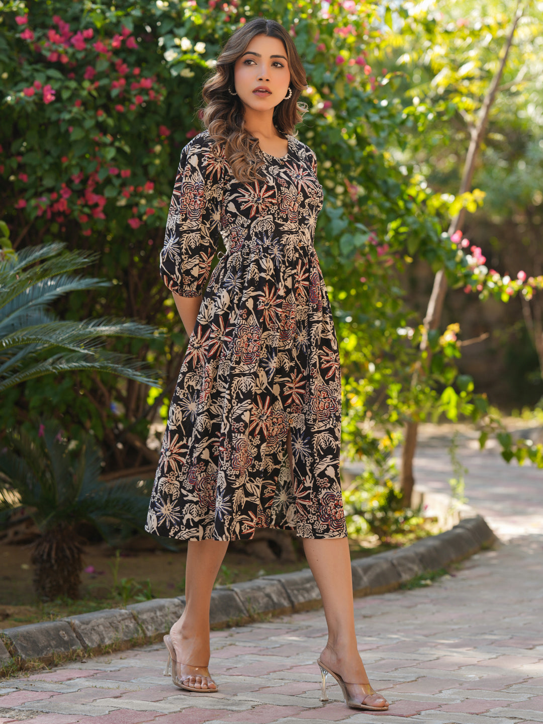 Janasya Dark Cotton Floral A-Line Dress | Swadesiicart