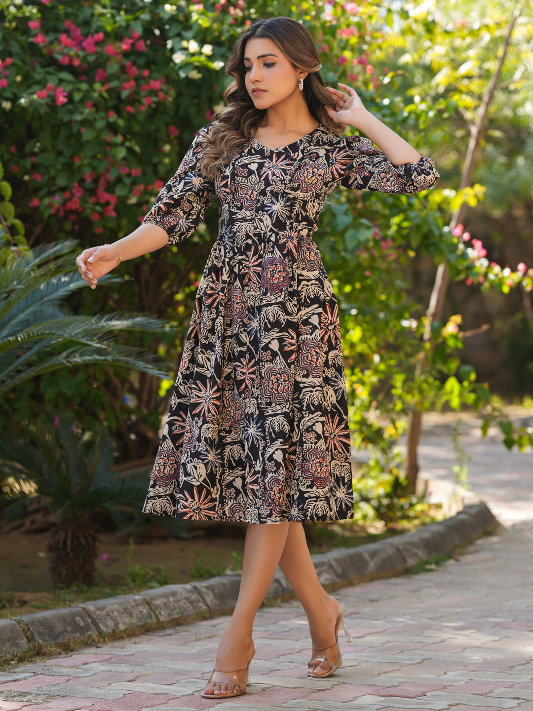 Janasya Dark Cotton Floral A-Line Dress | Swadesiicart