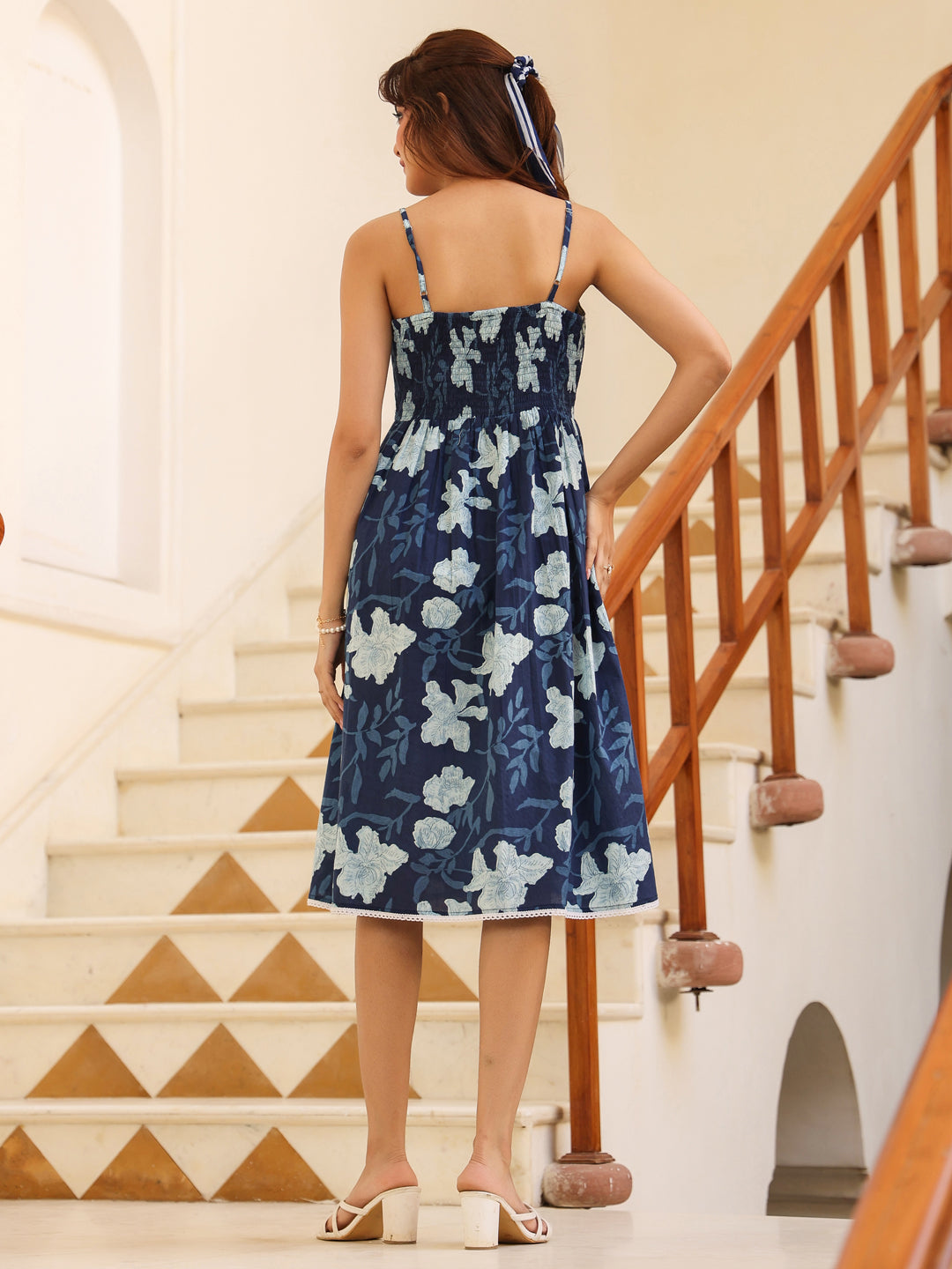 Janasya Dark Cotton Floral Fit & Flare Dress | Swadesiicart