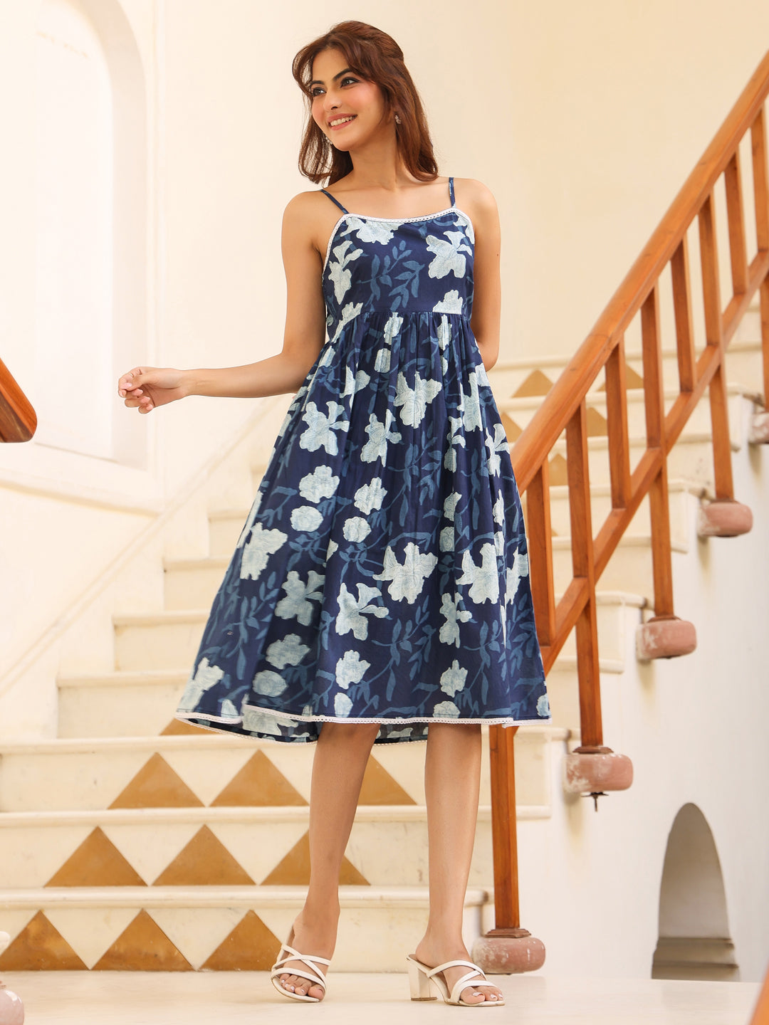 Janasya Dark Cotton Floral Fit & Flare Dress | Swadesiicart