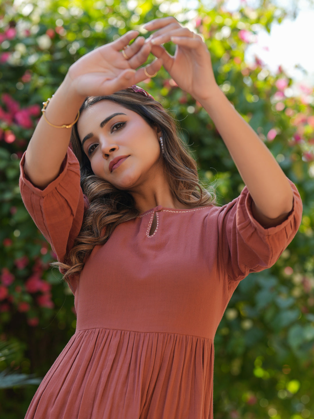 Janasya Dark Cotton Solid Gathered Dress | Swadesiicart