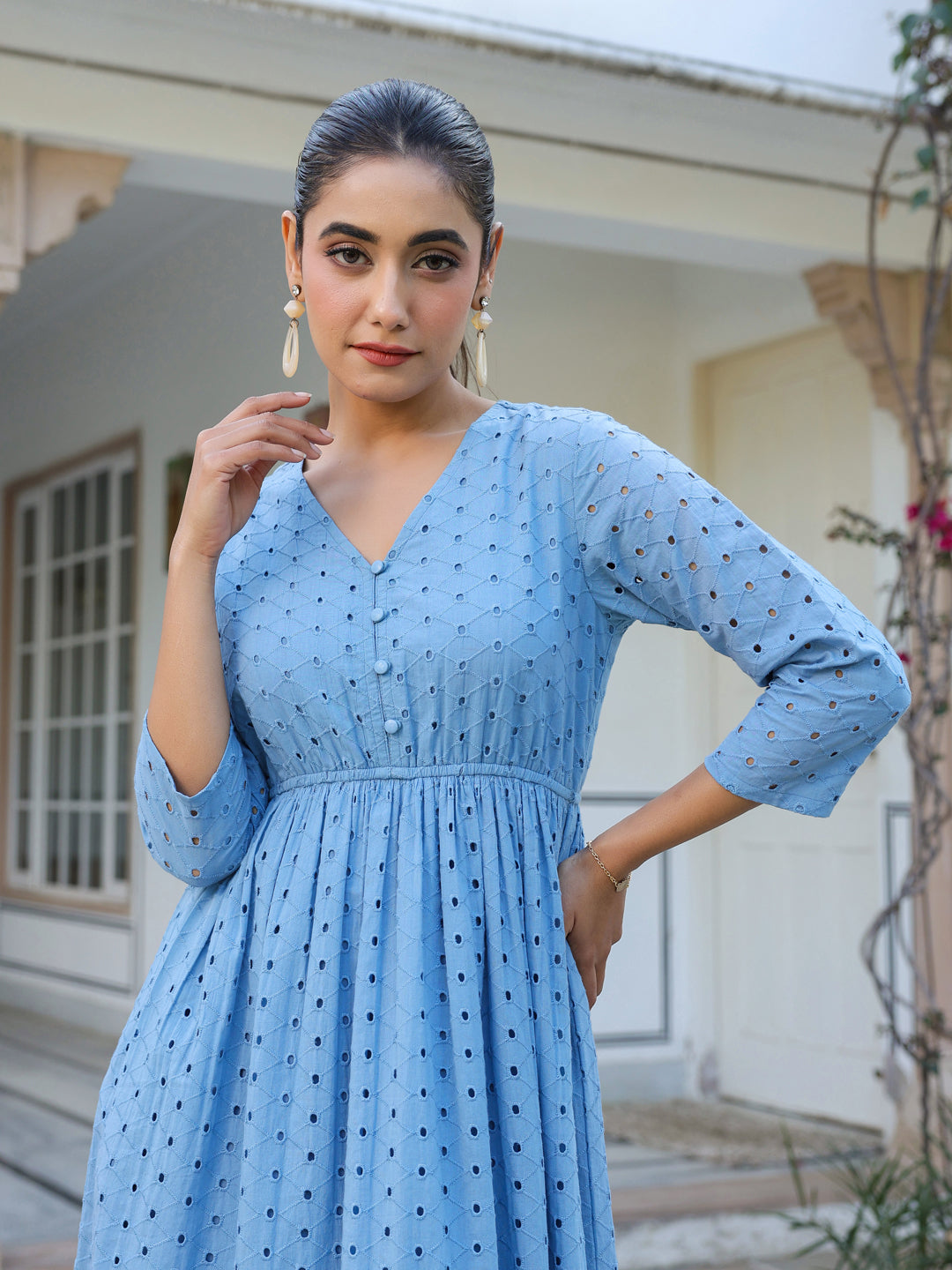 Janasya Light Cotton Schiffli Fit & Flare Dress | Swadesiicart