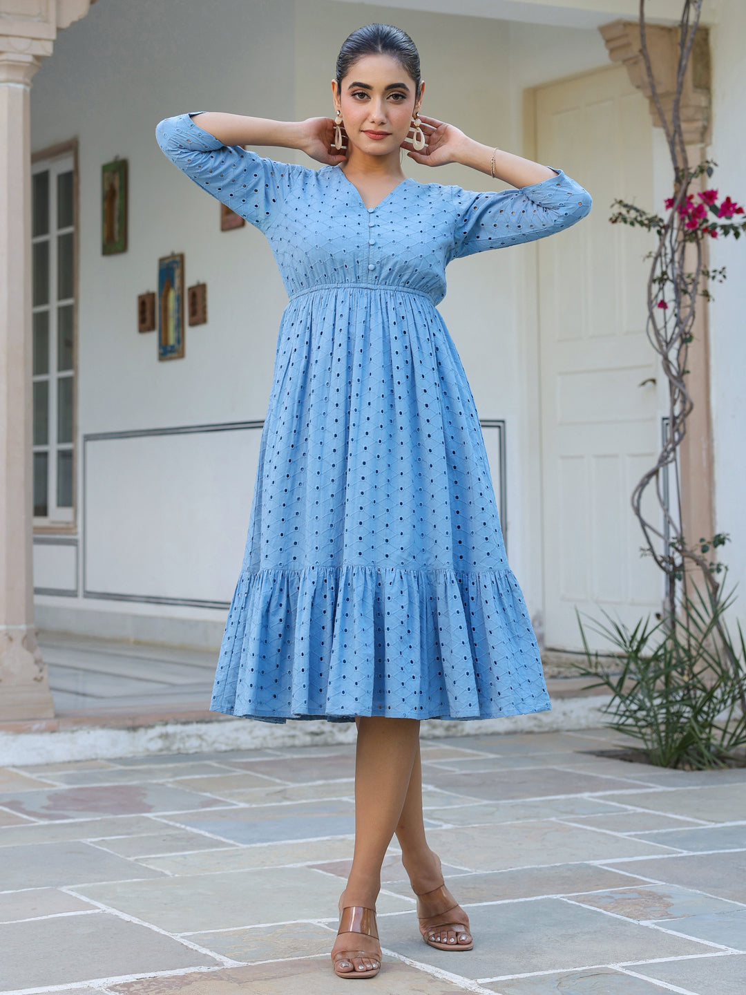 Janasya Light Cotton Schiffli Fit & Flare Dress | Swadesiicart