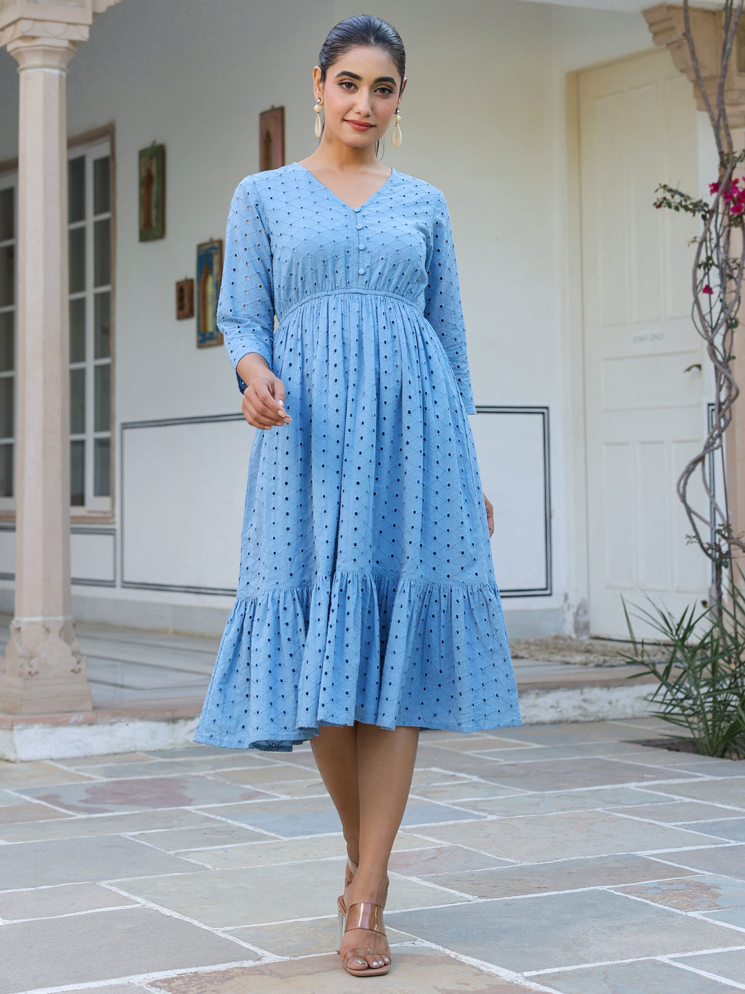 Janasya Light Cotton Schiffli Fit & Flare Dress | Swadesiicart