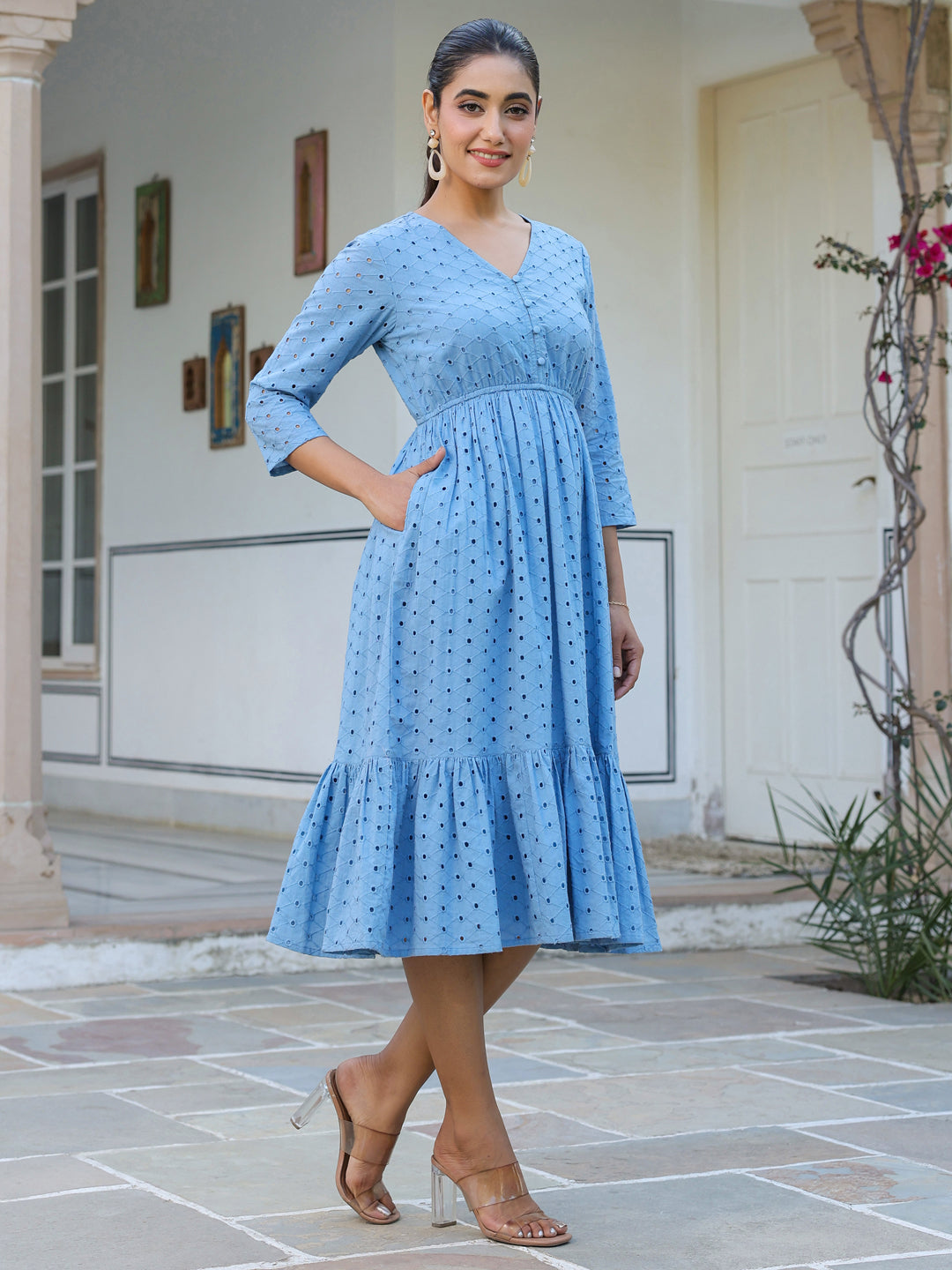 Janasya Light Cotton Schiffli Fit & Flare Dress | Swadesiicart