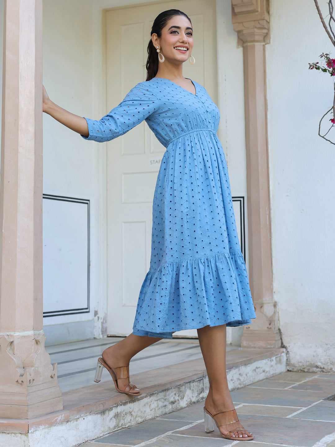 Janasya Light Cotton Schiffli Fit & Flare Dress | Swadesiicart