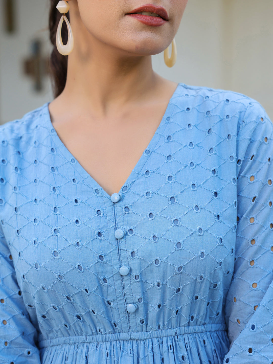 Janasya Light Cotton Schiffli Fit & Flare Dress | Swadesiicart