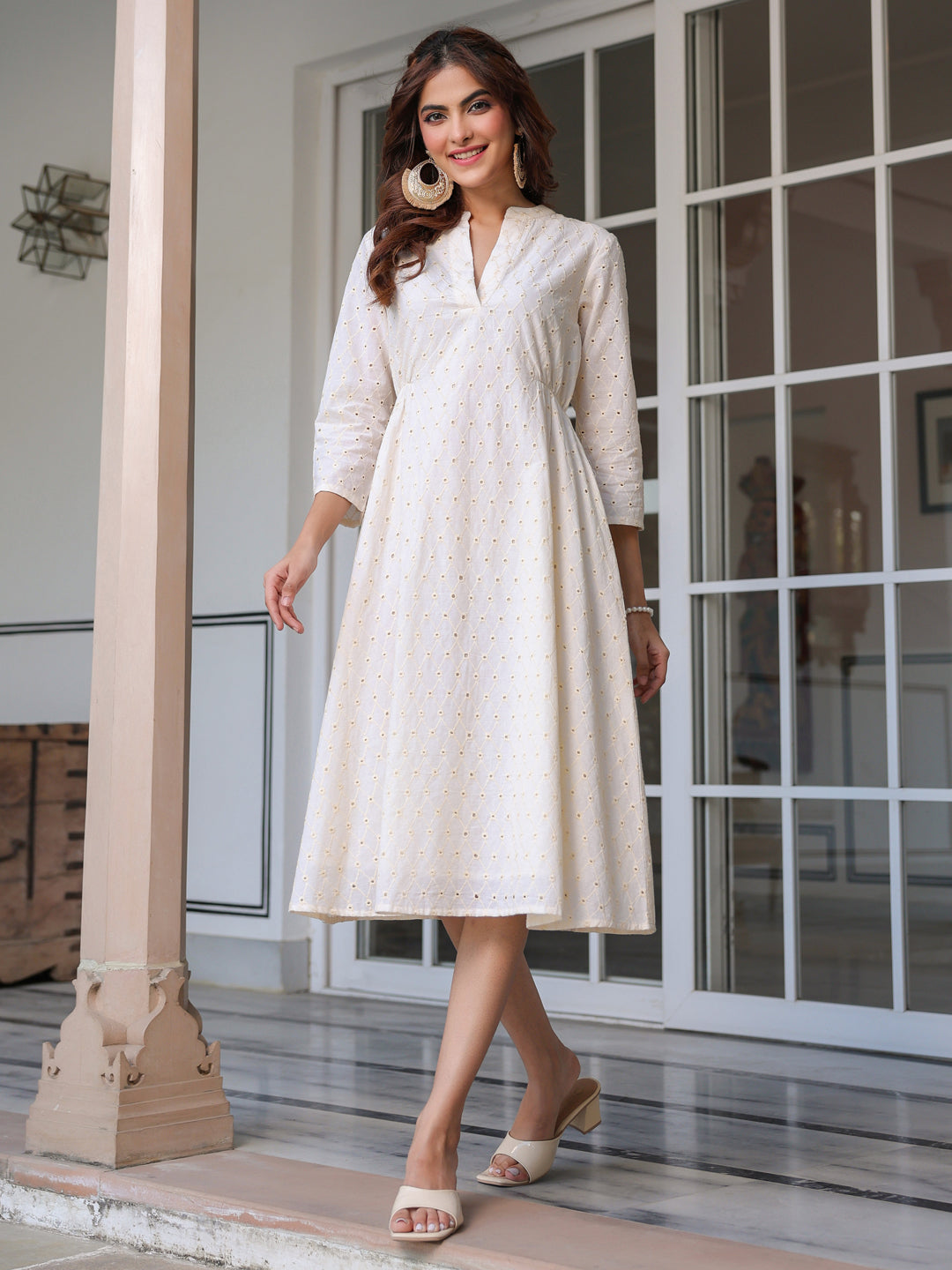Janasya Light Cotton Schiffli A-Line Dress | Swadesiicart