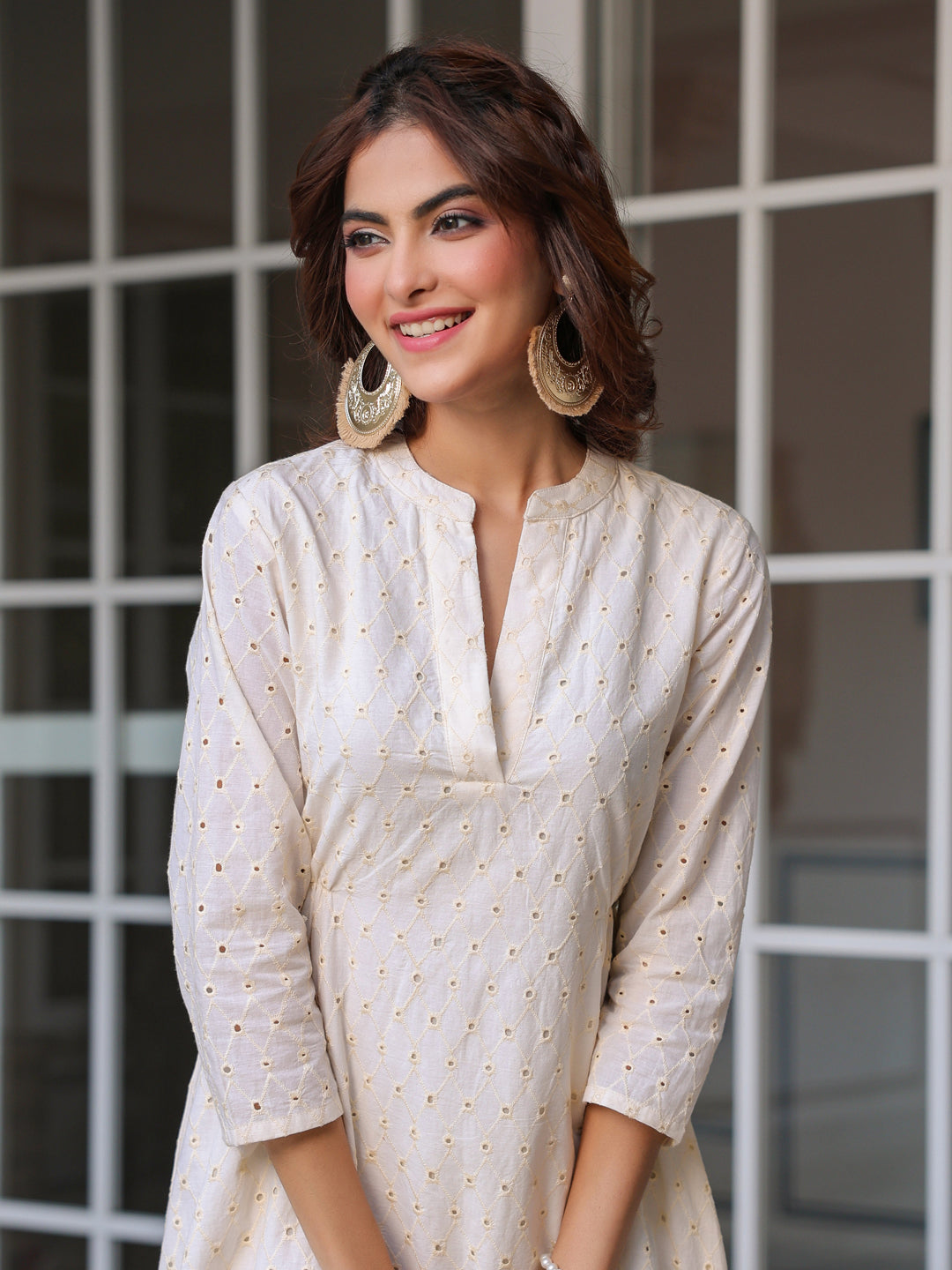 Janasya Light Cotton Schiffli A-Line Dress | Swadesiicart
