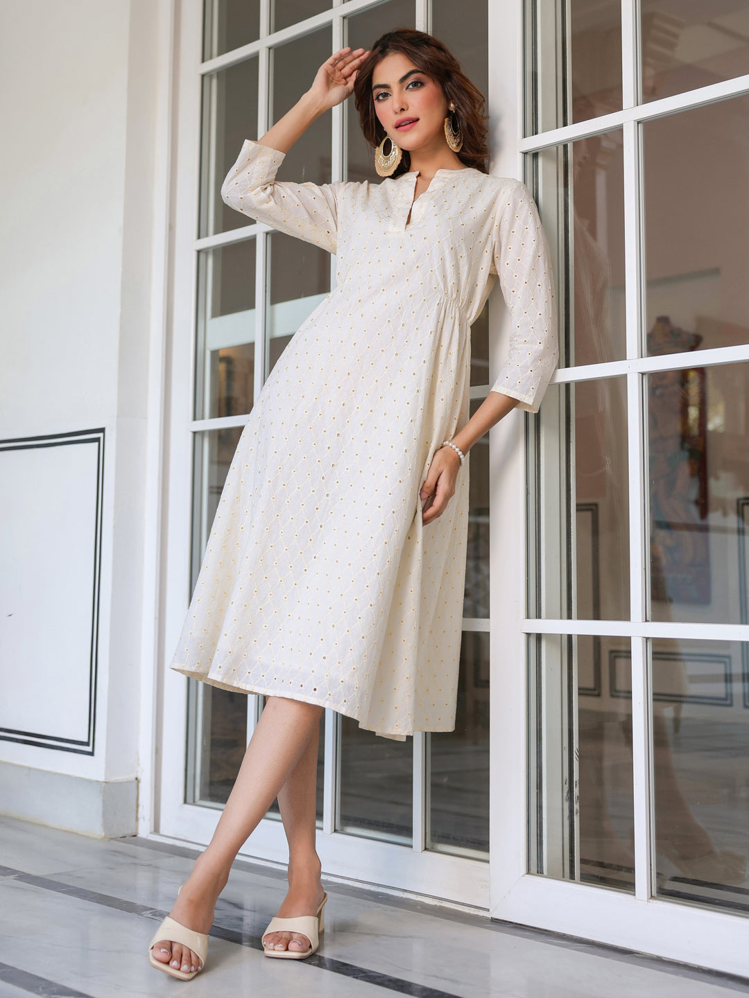 Janasya Light Cotton Schiffli A-Line Dress | Swadesiicart