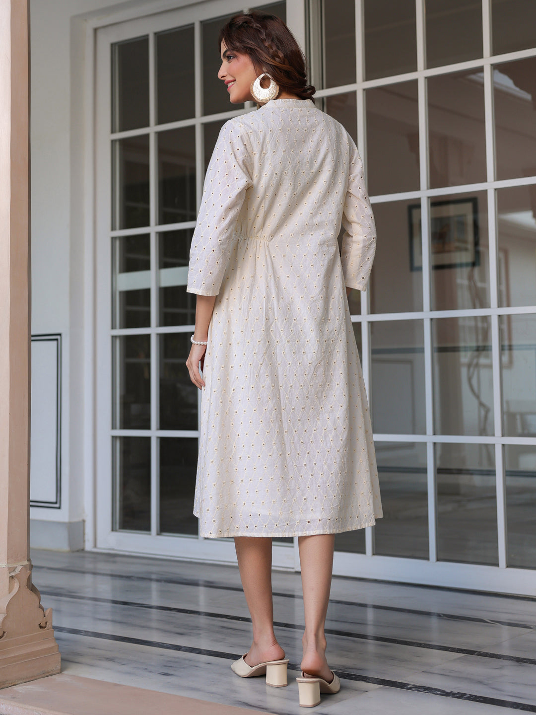 Janasya Light Cotton Schiffli A-Line Dress | Swadesiicart