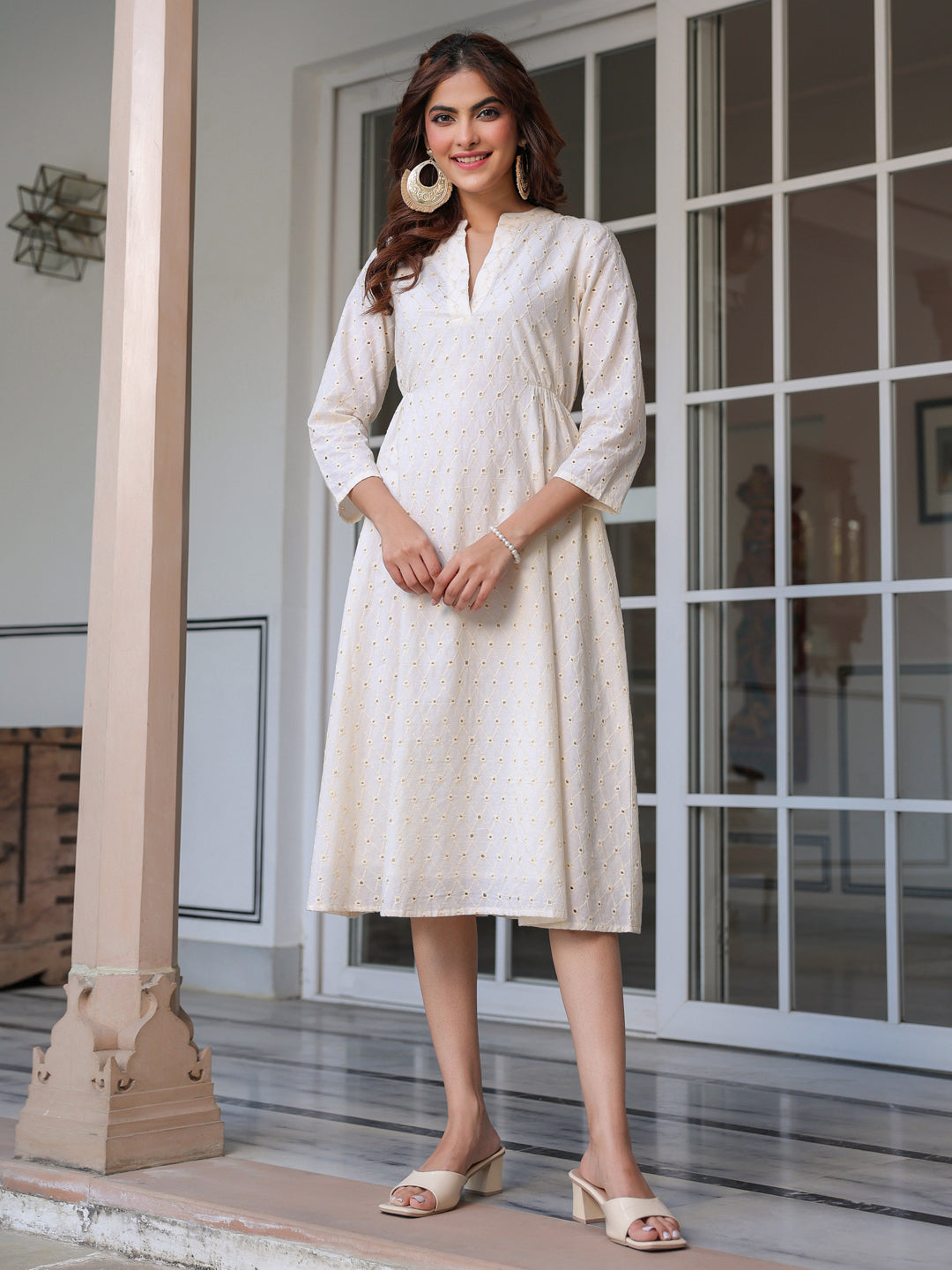 Janasya Light Cotton Schiffli A-Line Dress | Swadesiicart