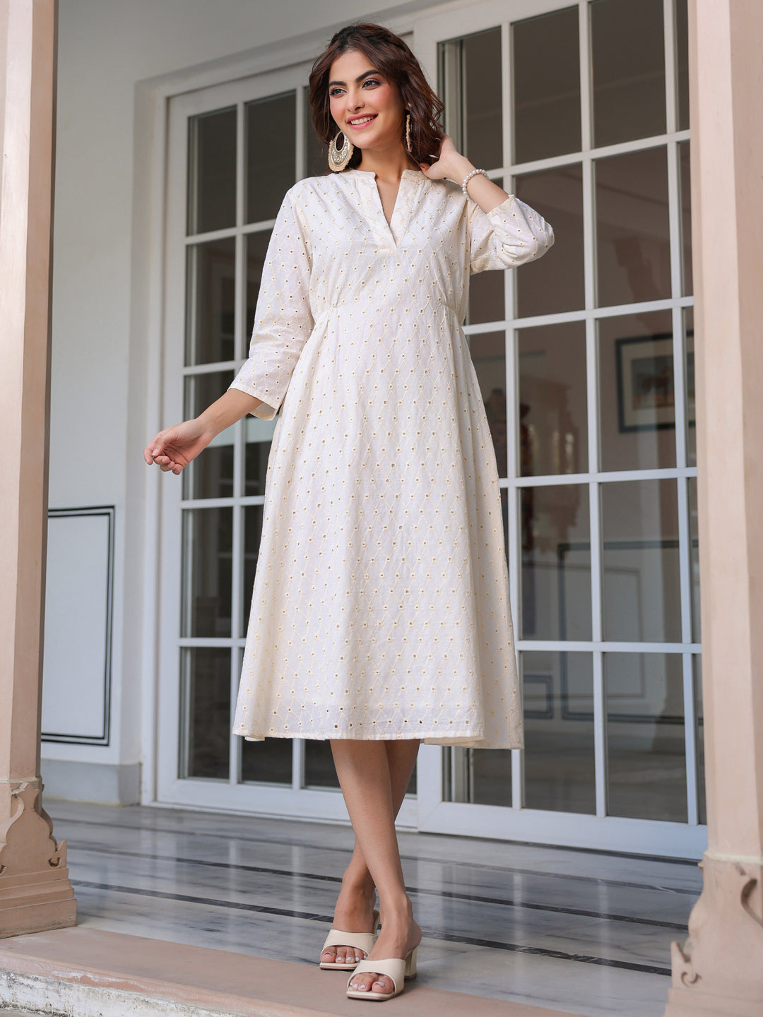 Janasya Light Cotton Schiffli A-Line Dress | Swadesiicart