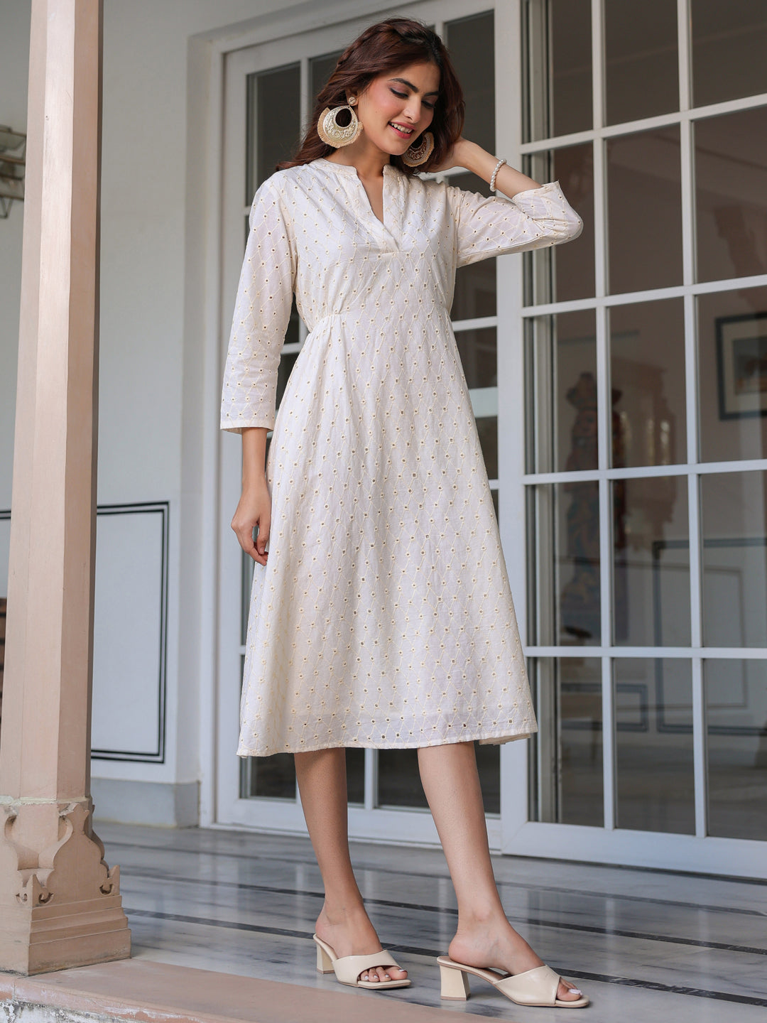 Janasya Light Cotton Schiffli A-Line Dress | Swadesiicart