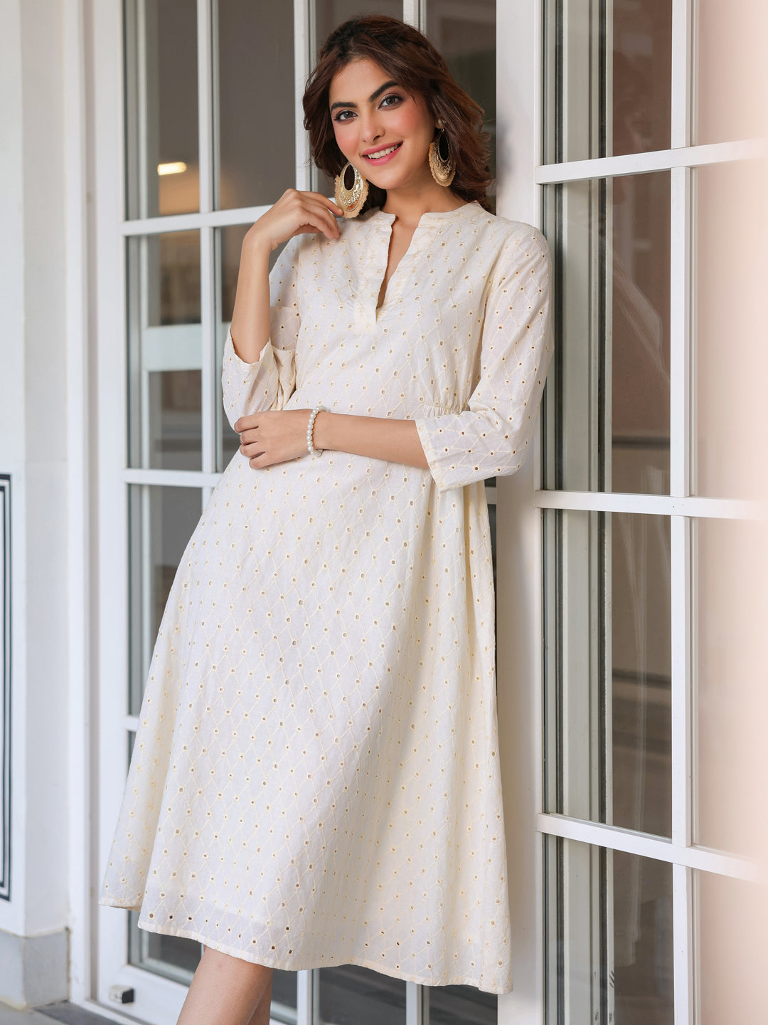 Janasya Light Cotton Schiffli A-Line Dress | Swadesiicart