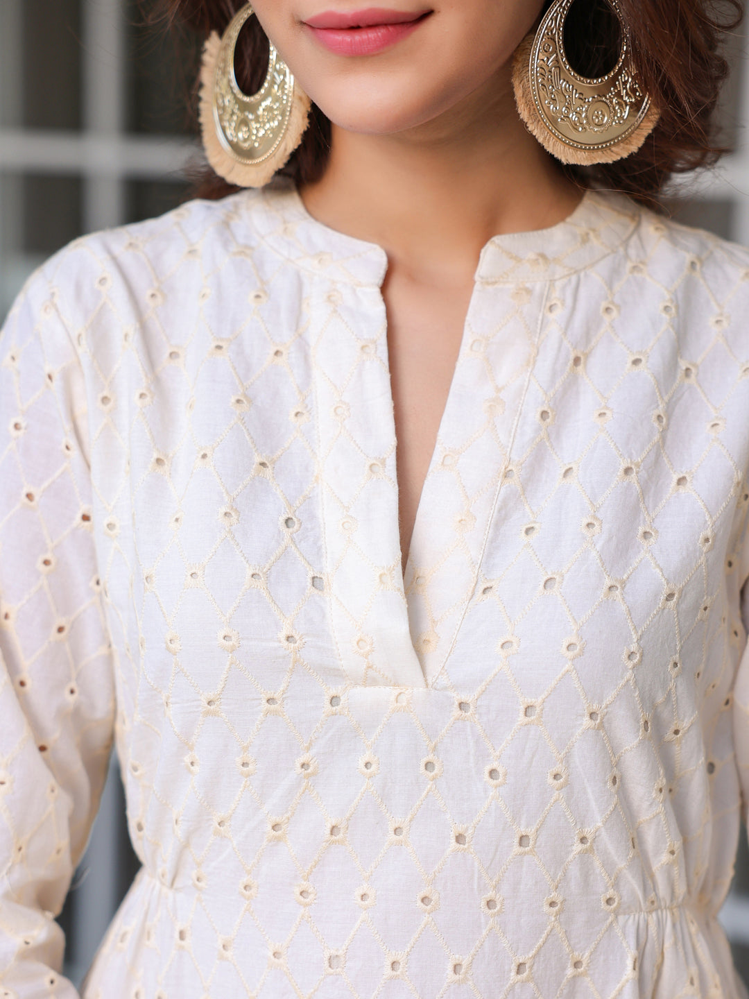 Janasya Light Cotton Schiffli A-Line Dress | Swadesiicart
