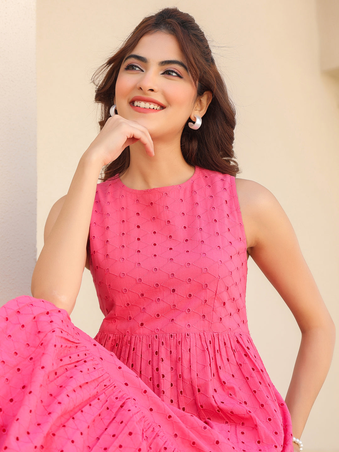 Janasya Bright Cotton Schiffli Fit & Flare Dress | Swadesiicart