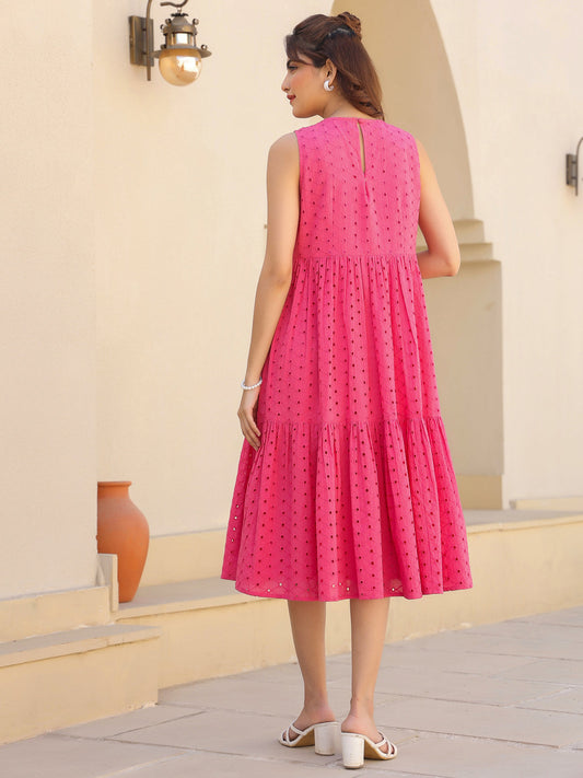 Janasya Bright Cotton Schiffli Fit & Flare Dress | Swadesiicart