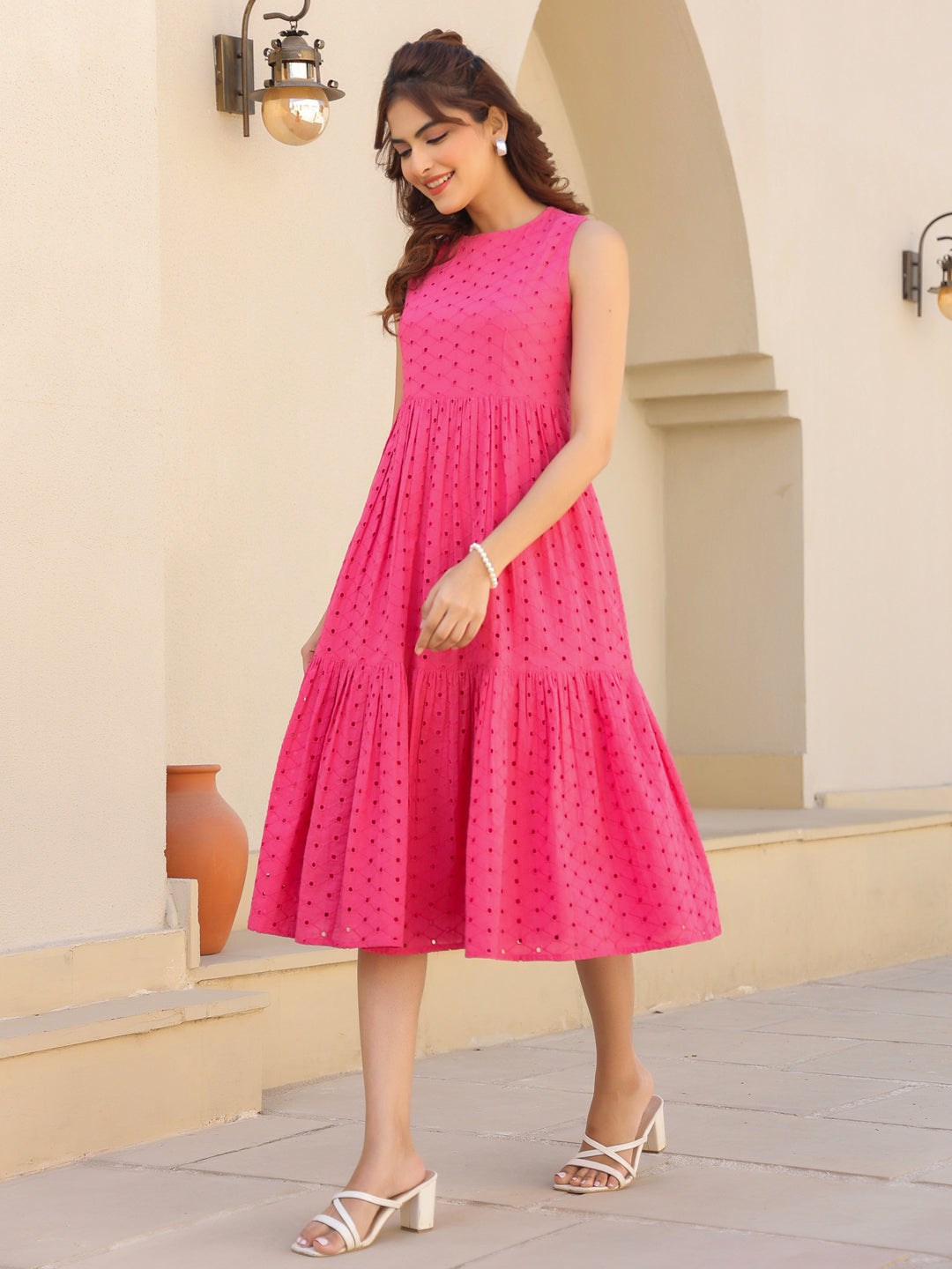 Janasya Bright Cotton Schiffli Fit & Flare Dress | Swadesiicart